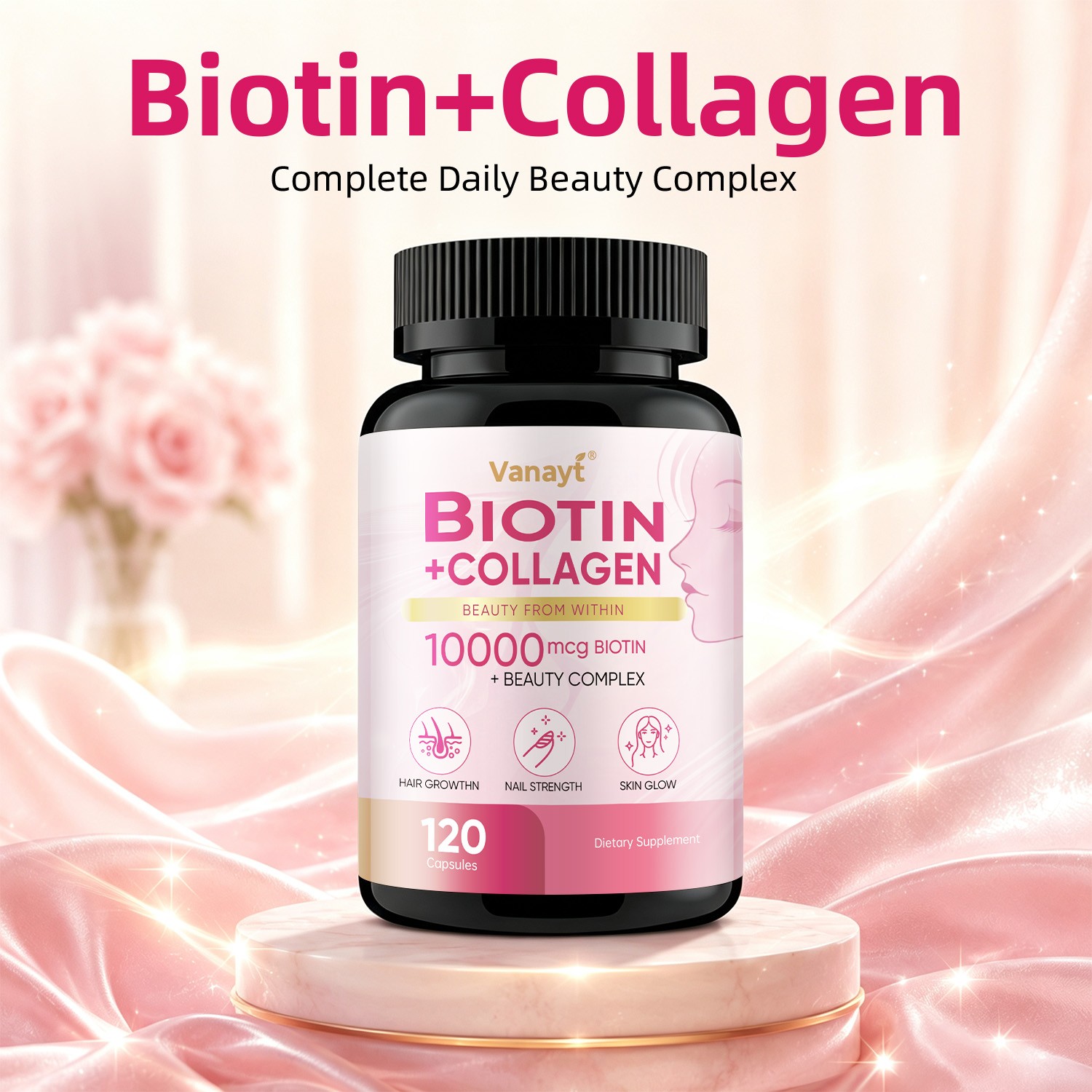 Biotin 10000mcg Collagen Capsules Hair Growth Nail Strength Skin Glow Support