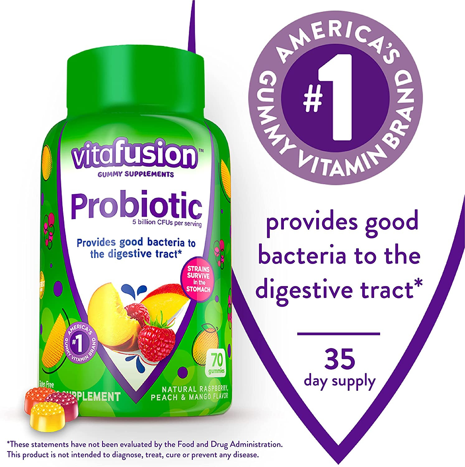 Vitafusion Probiotic Gummy Supplements, Raspberry, Peach and Mango, 70 Gummies