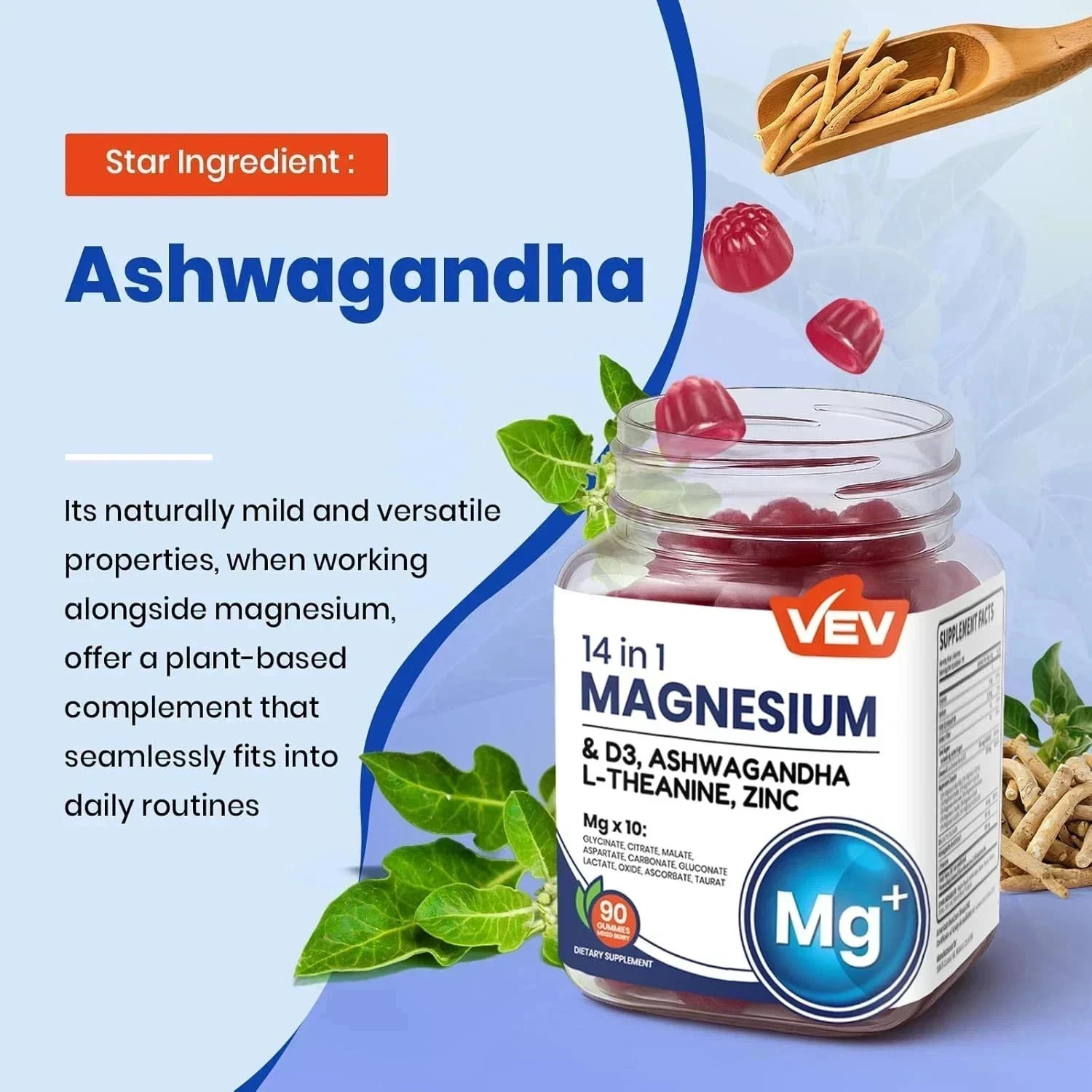 Mg 14-in-1 Magnesium Gummies – 10 VEV Types + D3, Ashwagandha – 90 Ct (2-Pack)