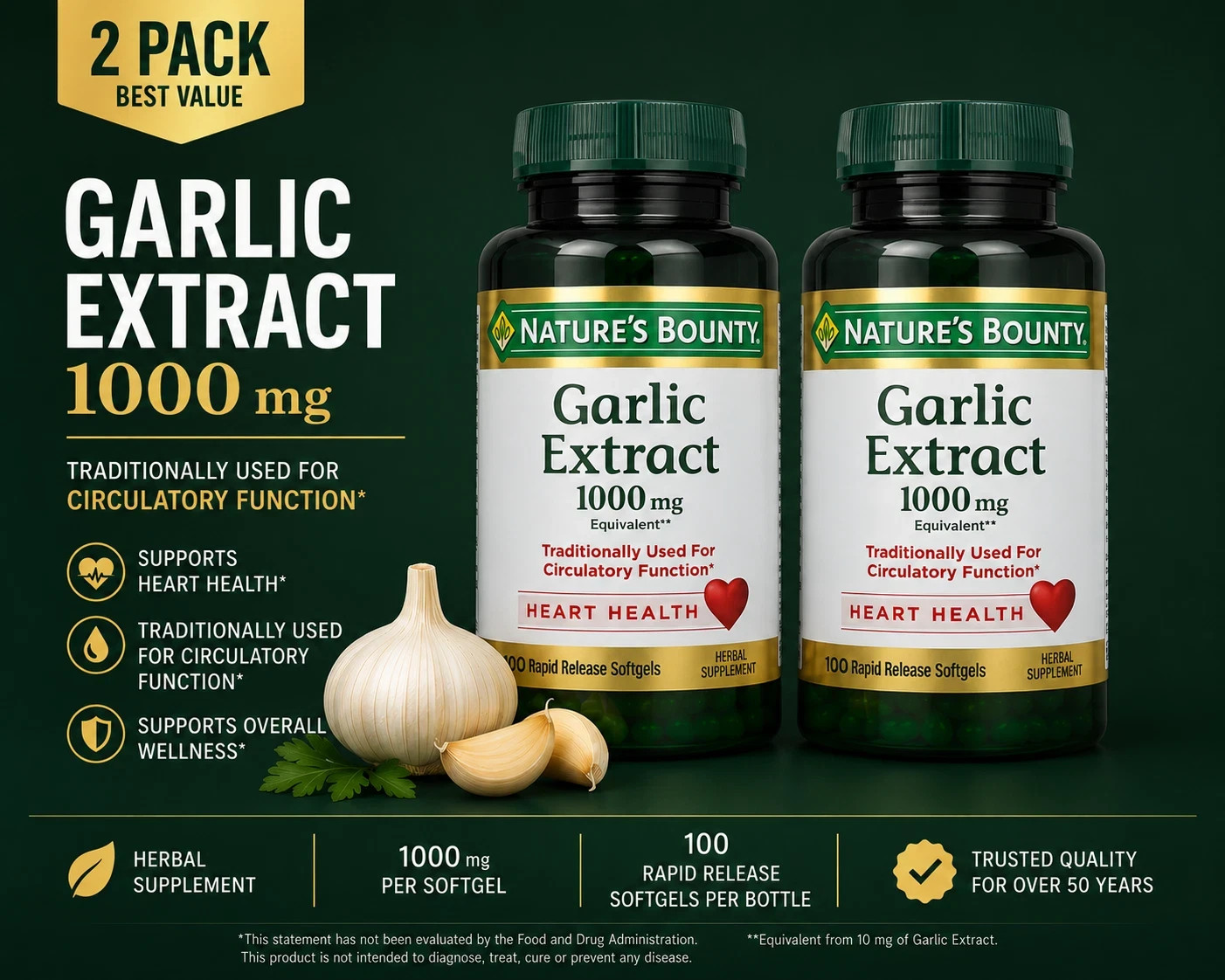 Nature’s Bounty Garlic Extract 1000mg 2 Pack 100 Softgels Heart Health