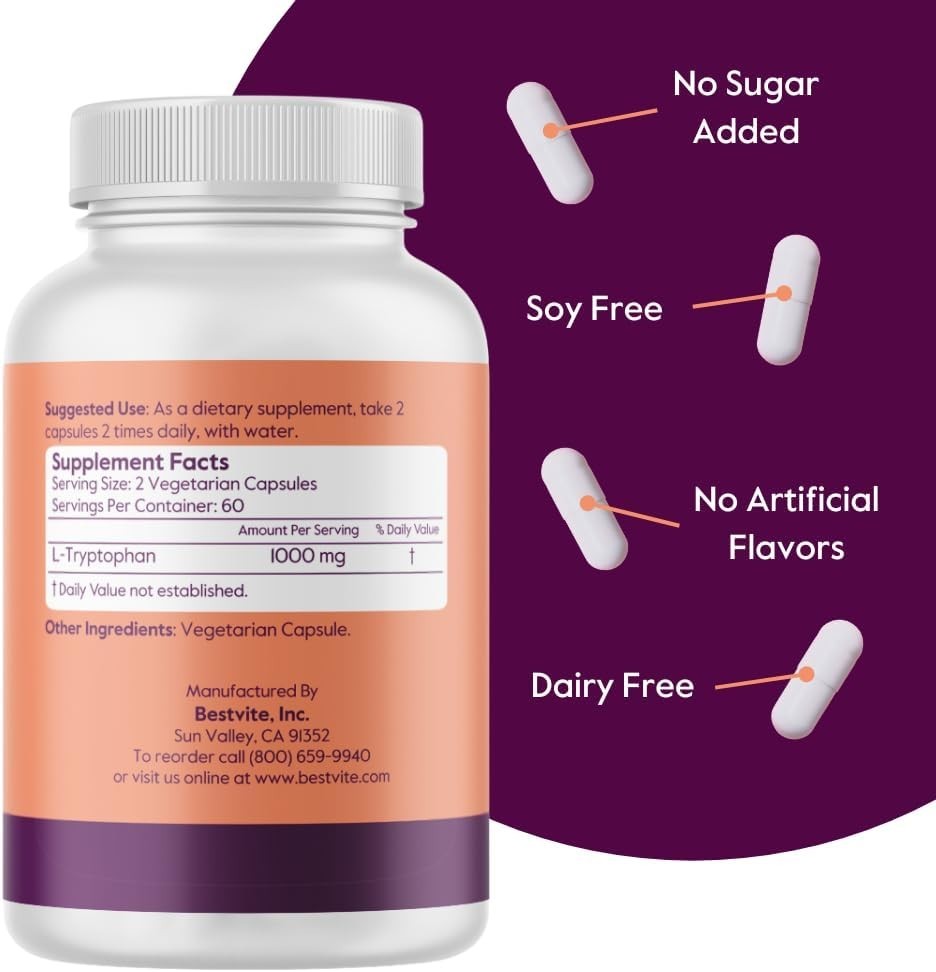 120 Capsules of Non-GMO L-Tryptophan 500mg – , Gluten-Free Relaxation Aid