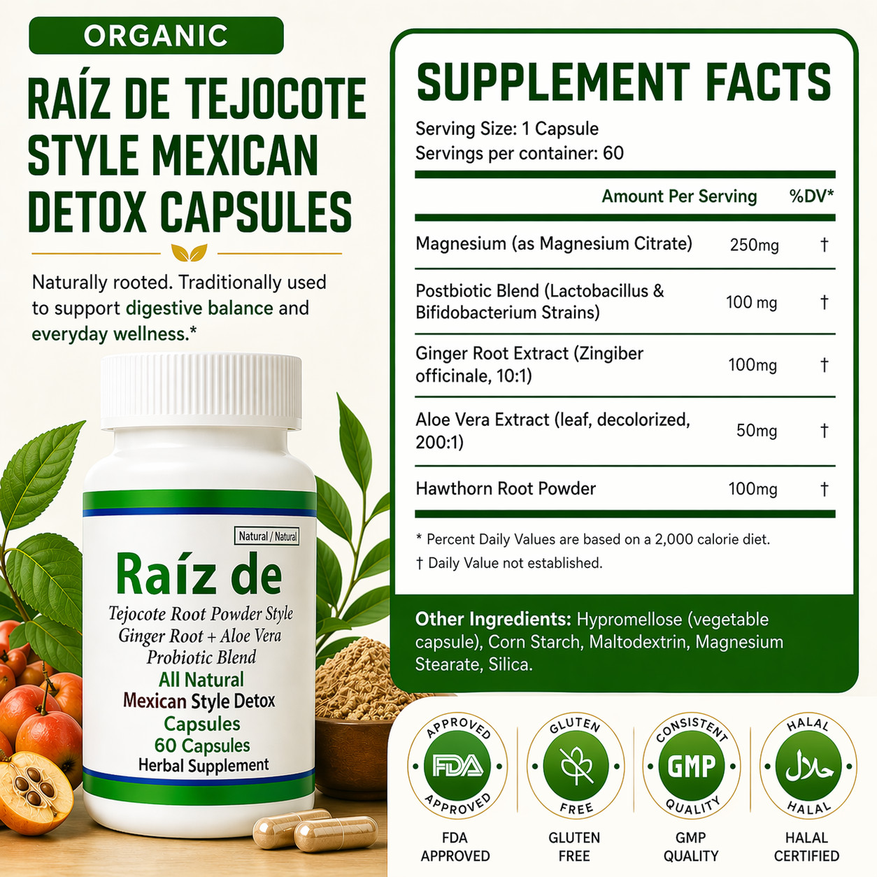 Raiz DE All Natural Mexican Detox w Hawthorn Root Tejocot Powder and Ginger Root