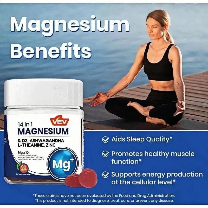 Mg 14-in-1 Magnesium Gummies – 10 VEV Types + D3, Ashwagandha – 90 Ct (2-Pack)
