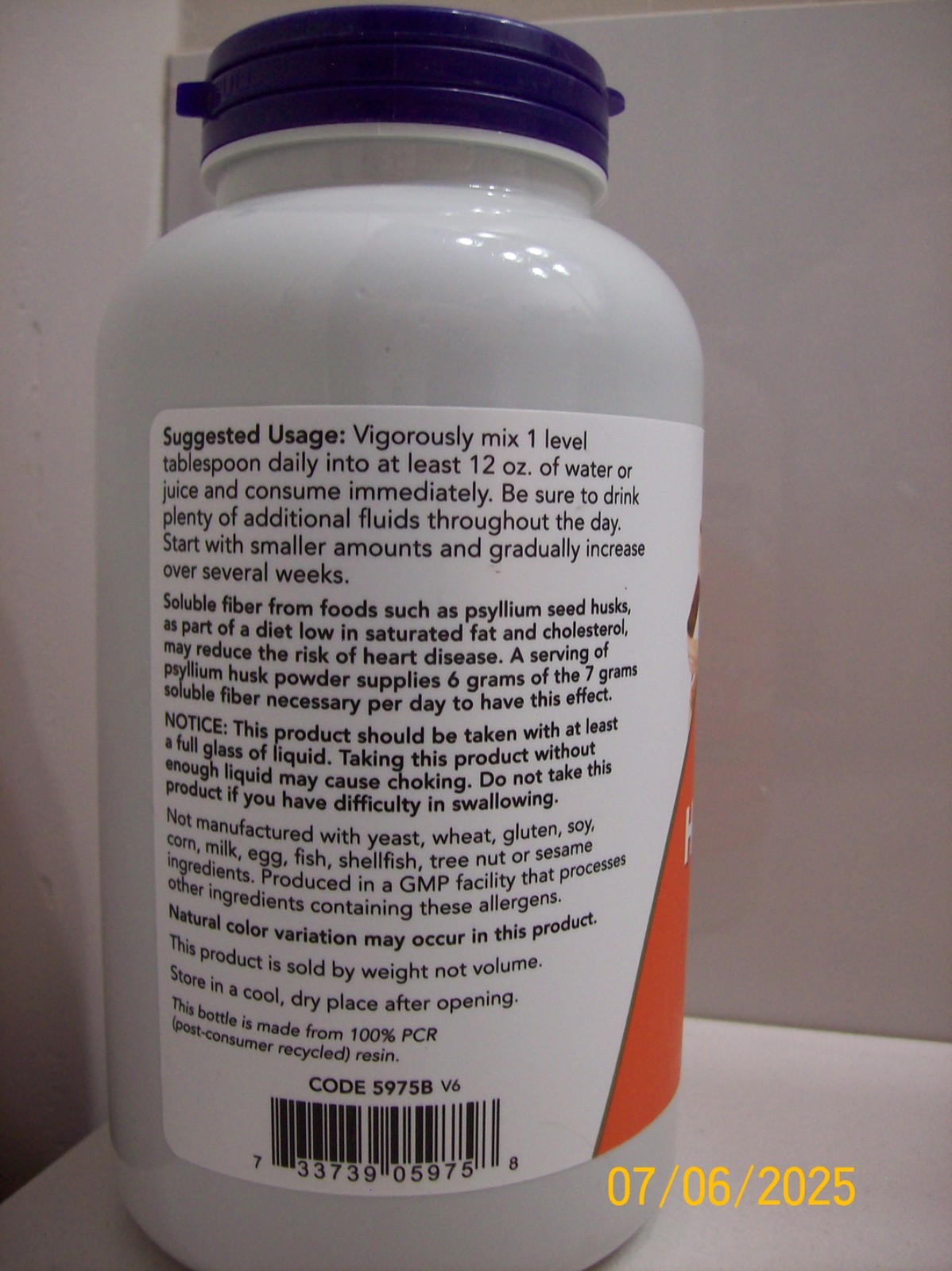 Now Psylluim Husk Powder Soluble Fiber 12oz. Non GMO Best by 09/26 Sealed