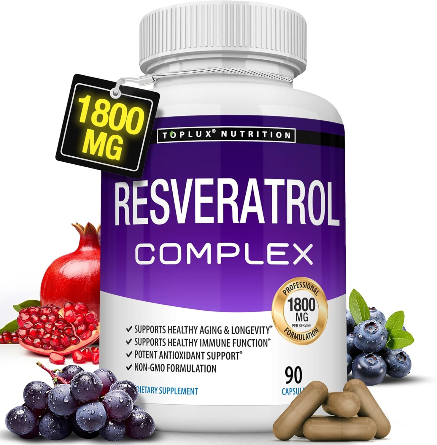 Resveratrol Supplement 1800mg Antioxidant Complex Healthy Aging 90 Capsules NEW