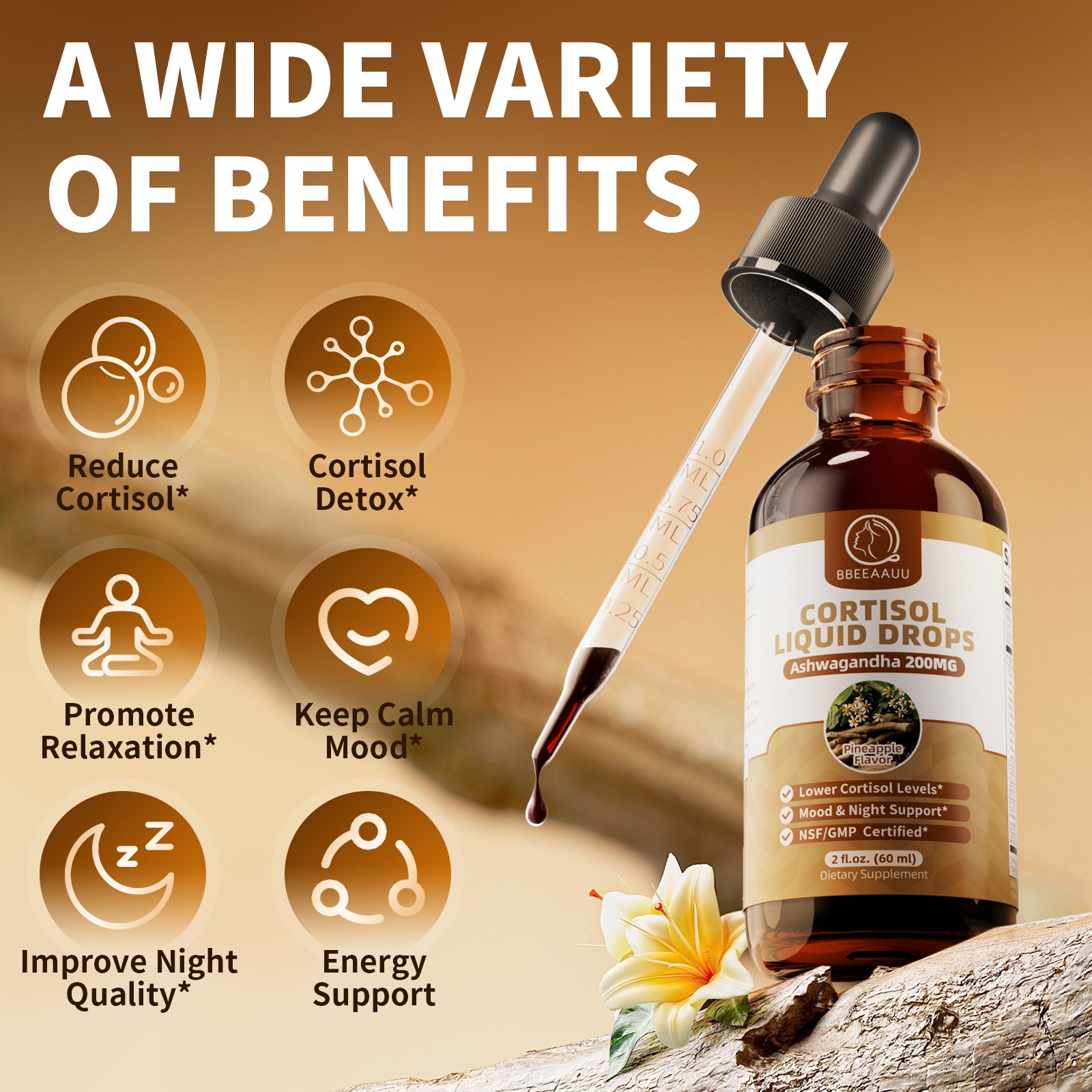 21-in-1 Cortisol Manager Reducer Liquid Drops, Support Night, Focus & Energy