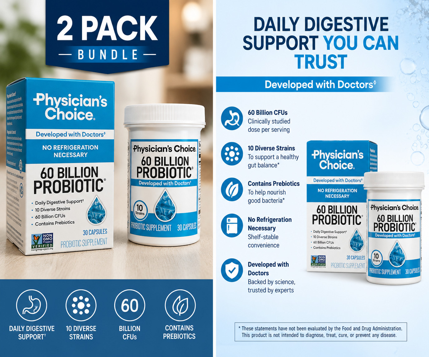2 PACK Physician’s Choice 60 Billion Probiotic 60 Capsules Gut Health