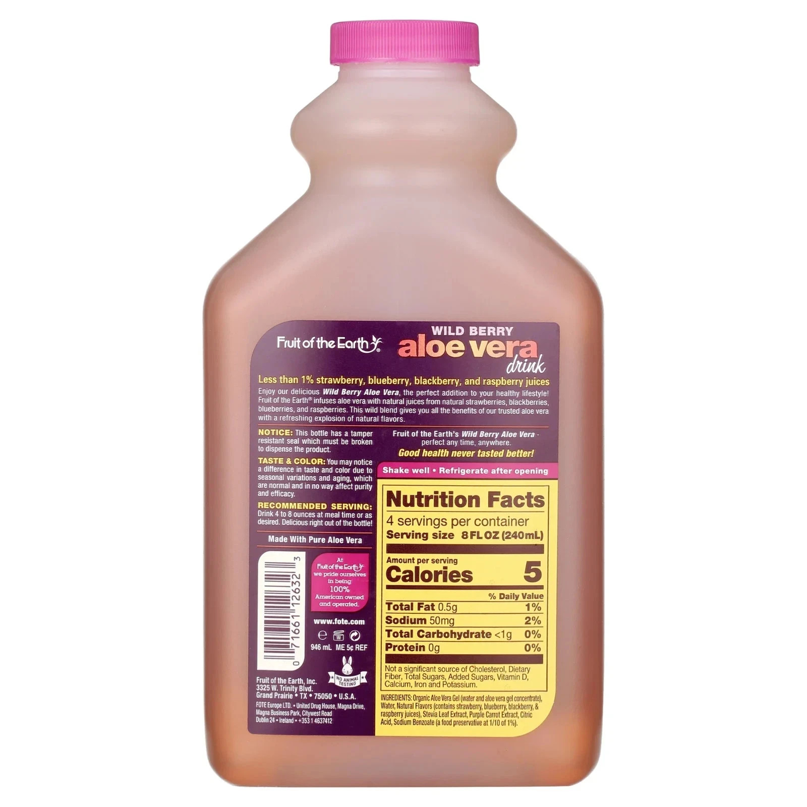 Fruit of the Earth Aloe Vera Drink Wild Berry Juice Beverage 32 fl oz Bottle