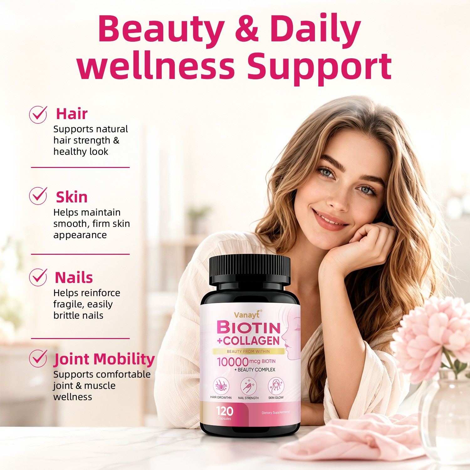 Biotin 10000mcg Collagen Capsules Hair Growth Nail Strength Skin Glow Support