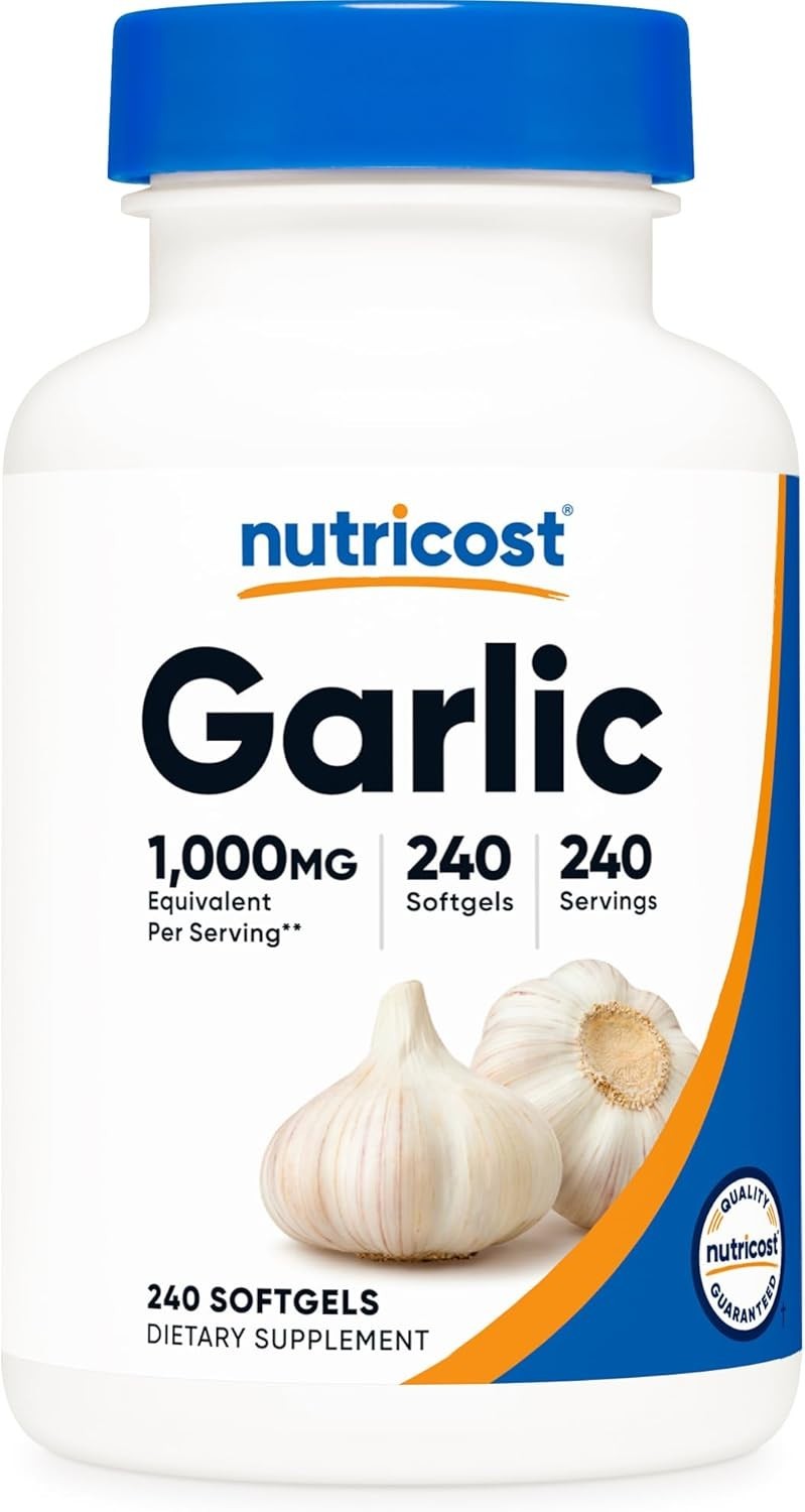 Ajo 1000 mg, 240 cápsulas blandas, inodoro, suplemento premium sin gluten.