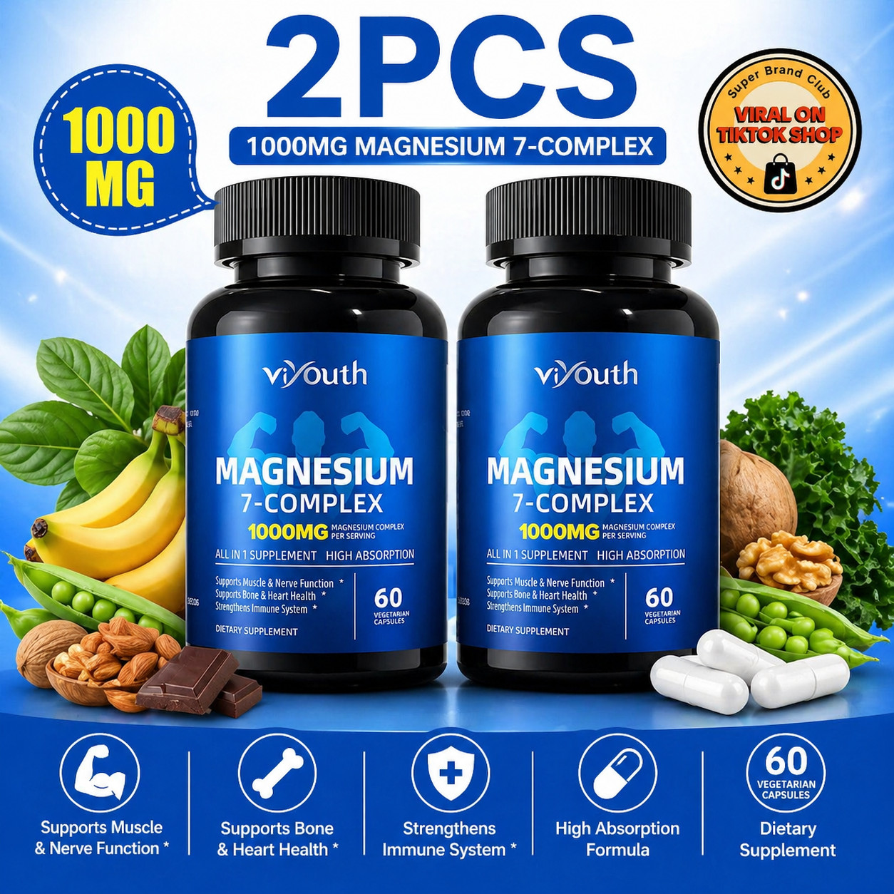 ViYouth Magnesium 7-Complex 1000mg 2 Pack High Absorption Bone & Heart Wellness
