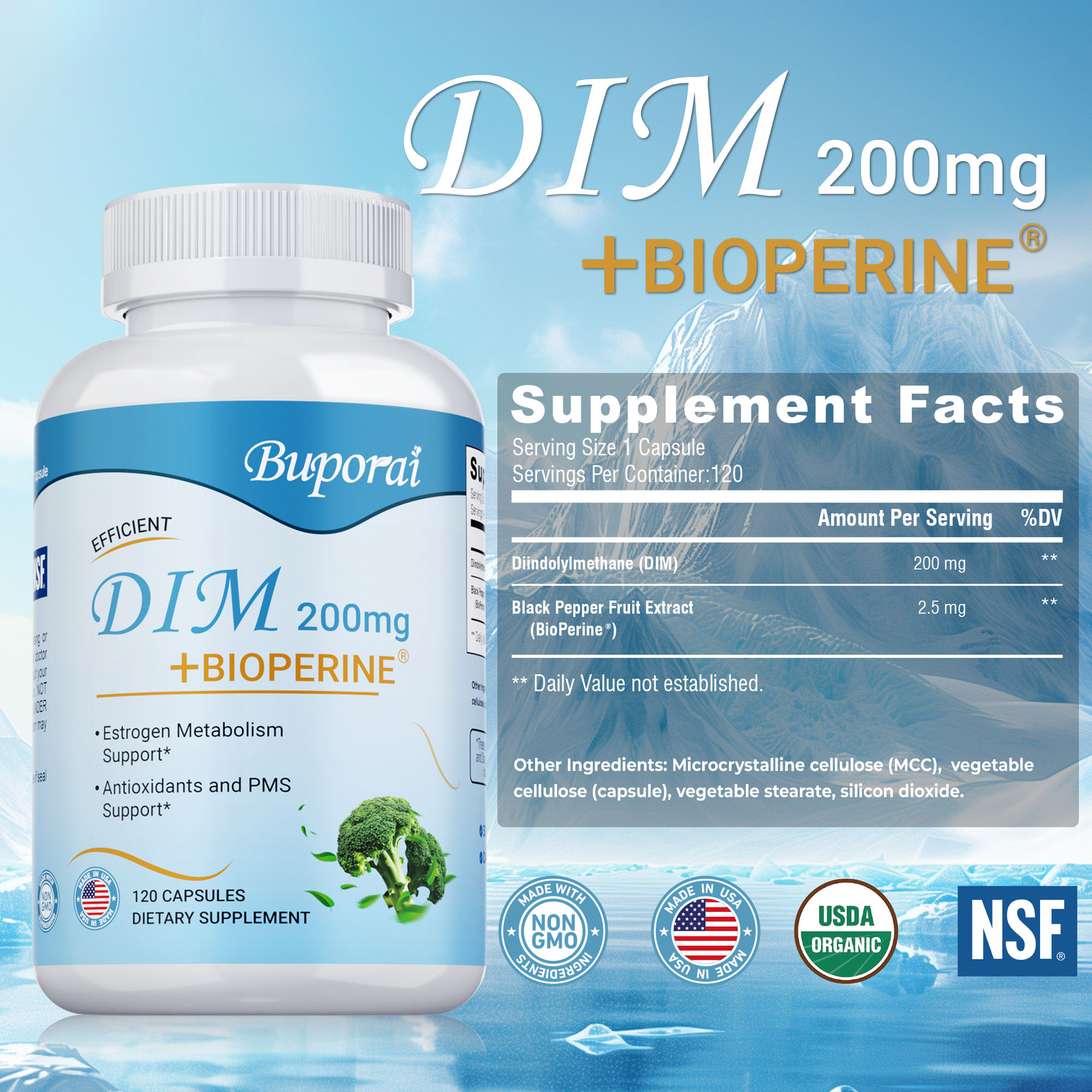 DIM (Diindolylmethane) 200mg – Black Pepper, Estrogen Hormone Menopause Support