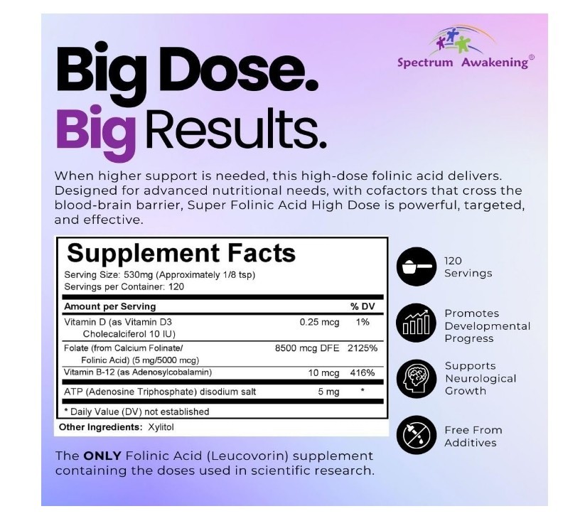 Super Folinic Acid High Dose Powder, 2 PACK, 63 g, Gluten Free, Dairy Free