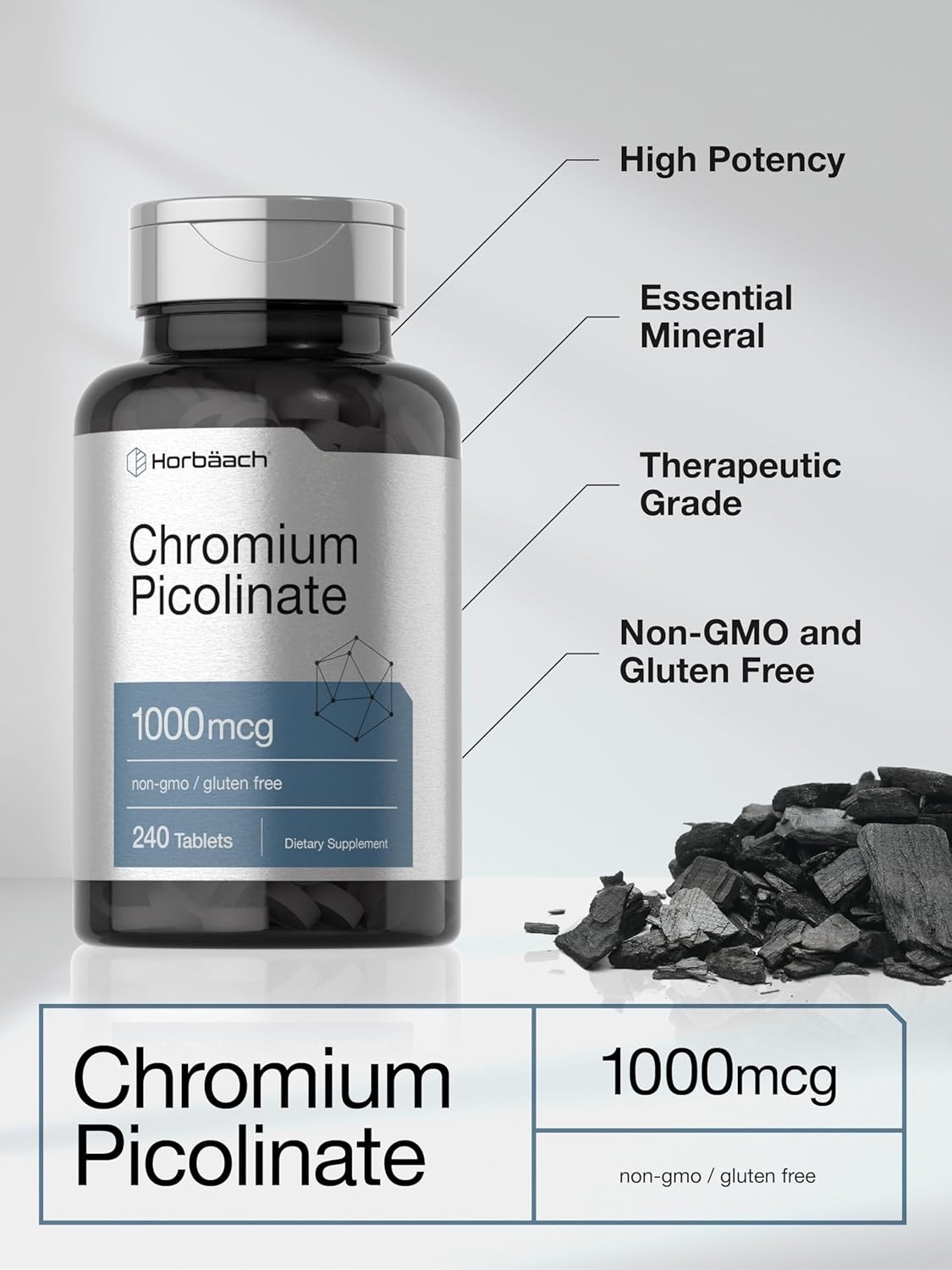Picolinato de Cromo 1000mcg Apoya Niveles Saludables de Azucar en la Sangre240ct