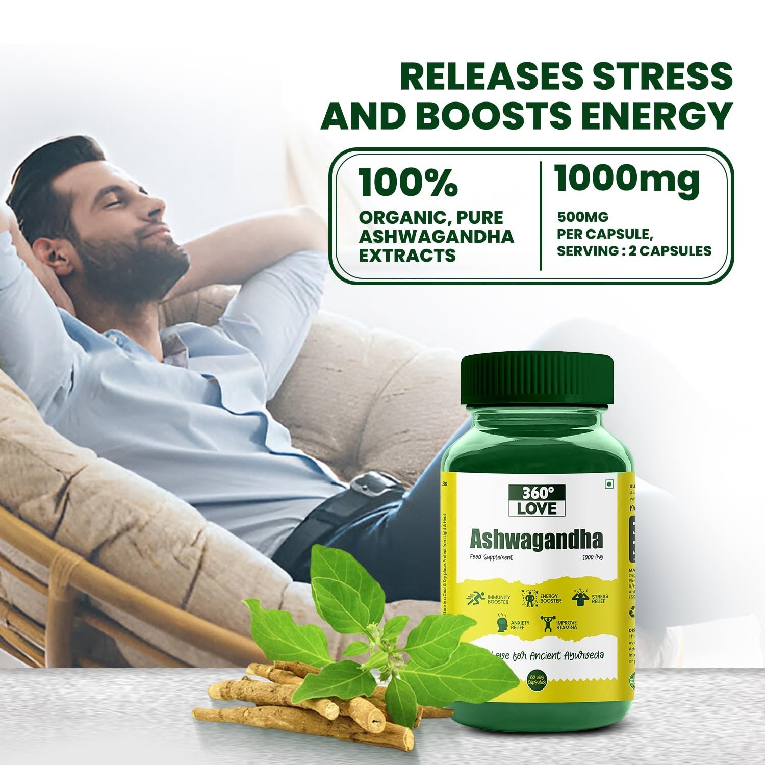 360 .Love Ashwagandha 1000mg Veg Caps 60 Count