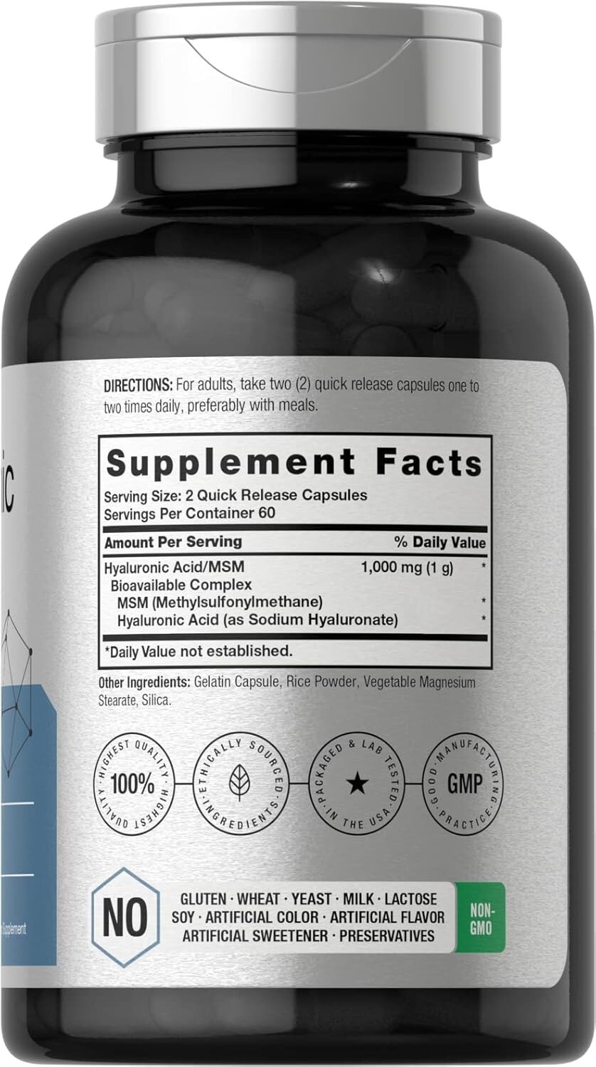 Hyaluronic Acid with MSM | 1000 mg | 120 Capsules | Non-GMO | by Horbaach