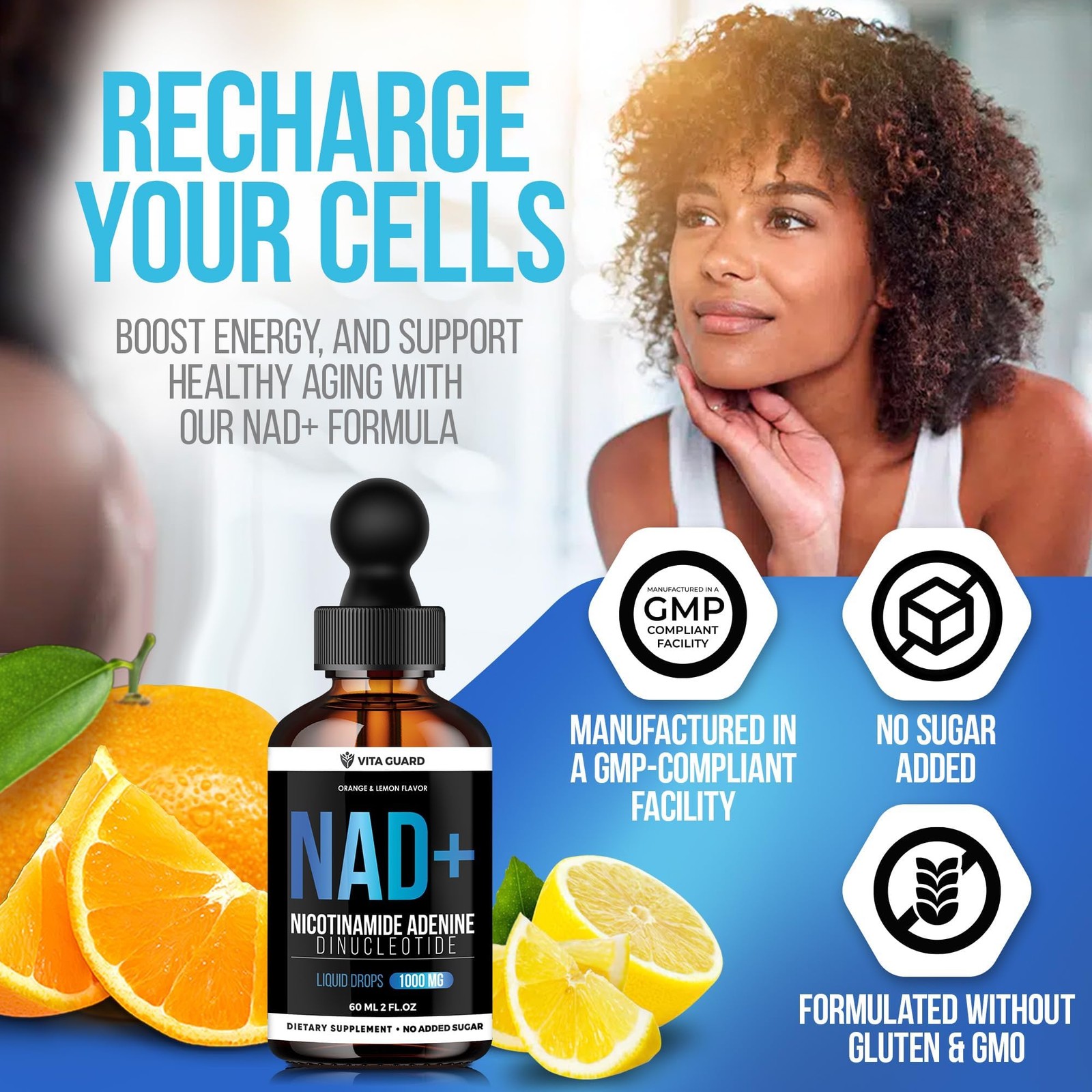 Vita Guard Pure NAD+ Supplements 1000mg Liquid Drops for 2 Fl Oz (Pack of 1)