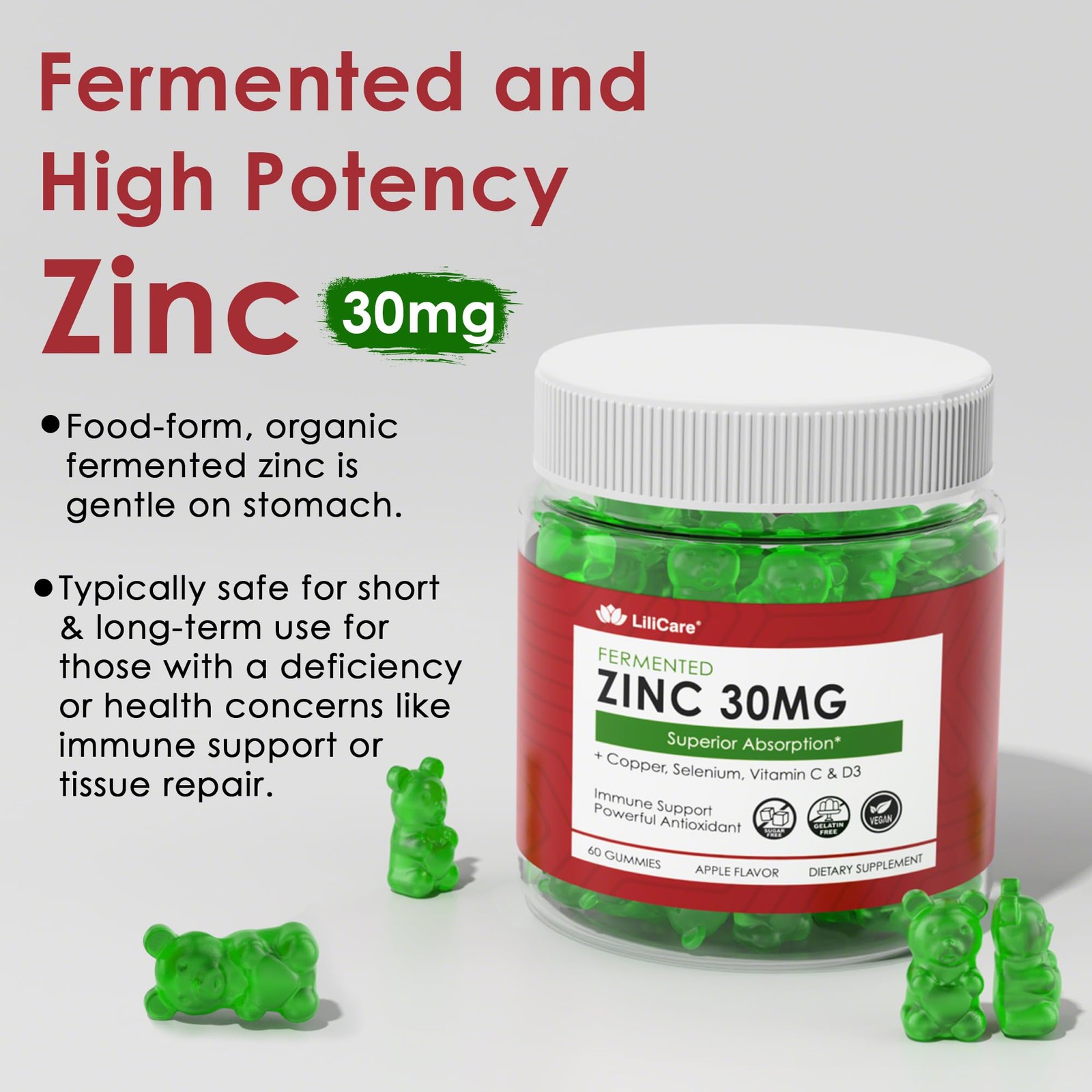 Zinc Gummies + Copper, Selenium, Vitamin C & D3, 60 Count (Pack of 2)