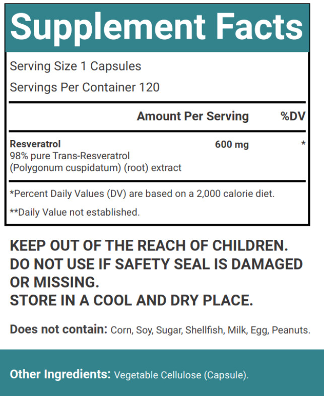 VitaCosmoX Resveratrol 600mg – 120 Capsules – Anti-Aging Antioxidant Supplement