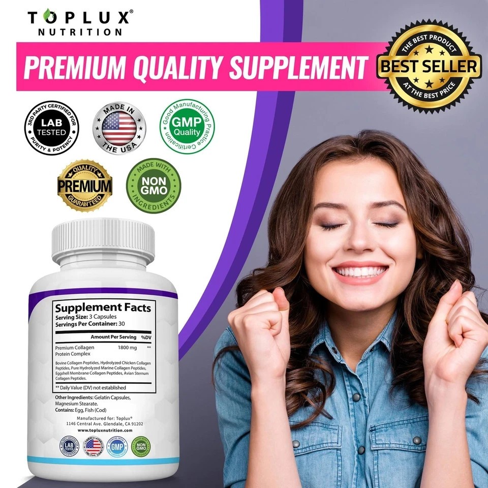 3pcs Toplux Multi Collagen Peptides 1800mg Types I II III V X 180 Capsules