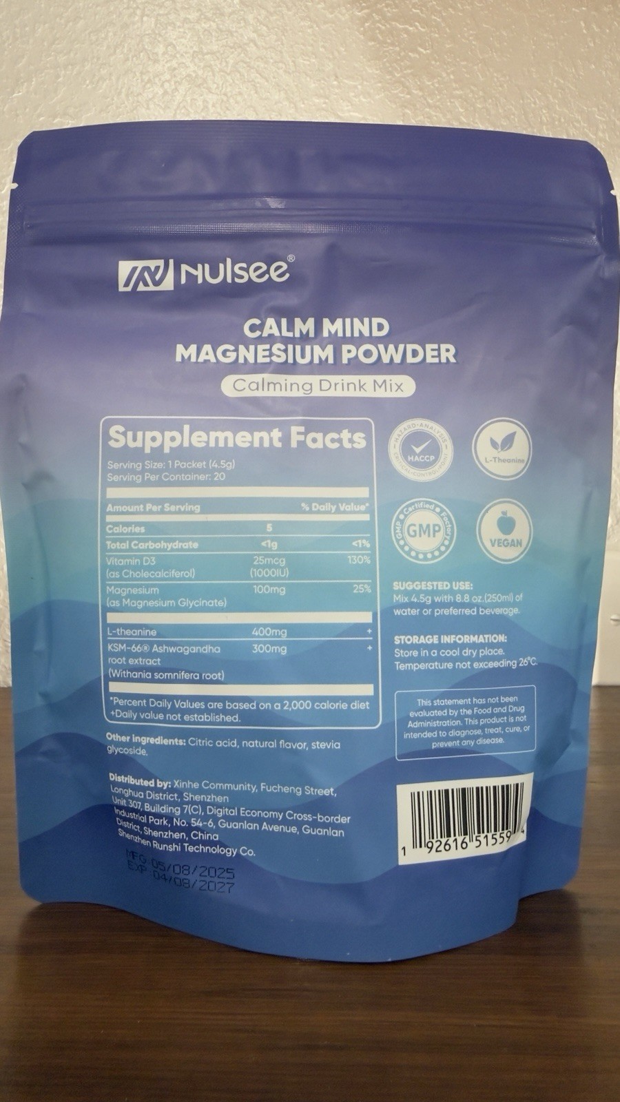 Nulsee Calm Mind Magnesium Powder Drink Mix Lemon 0g Sugar Vegan 20 Pack 90g
