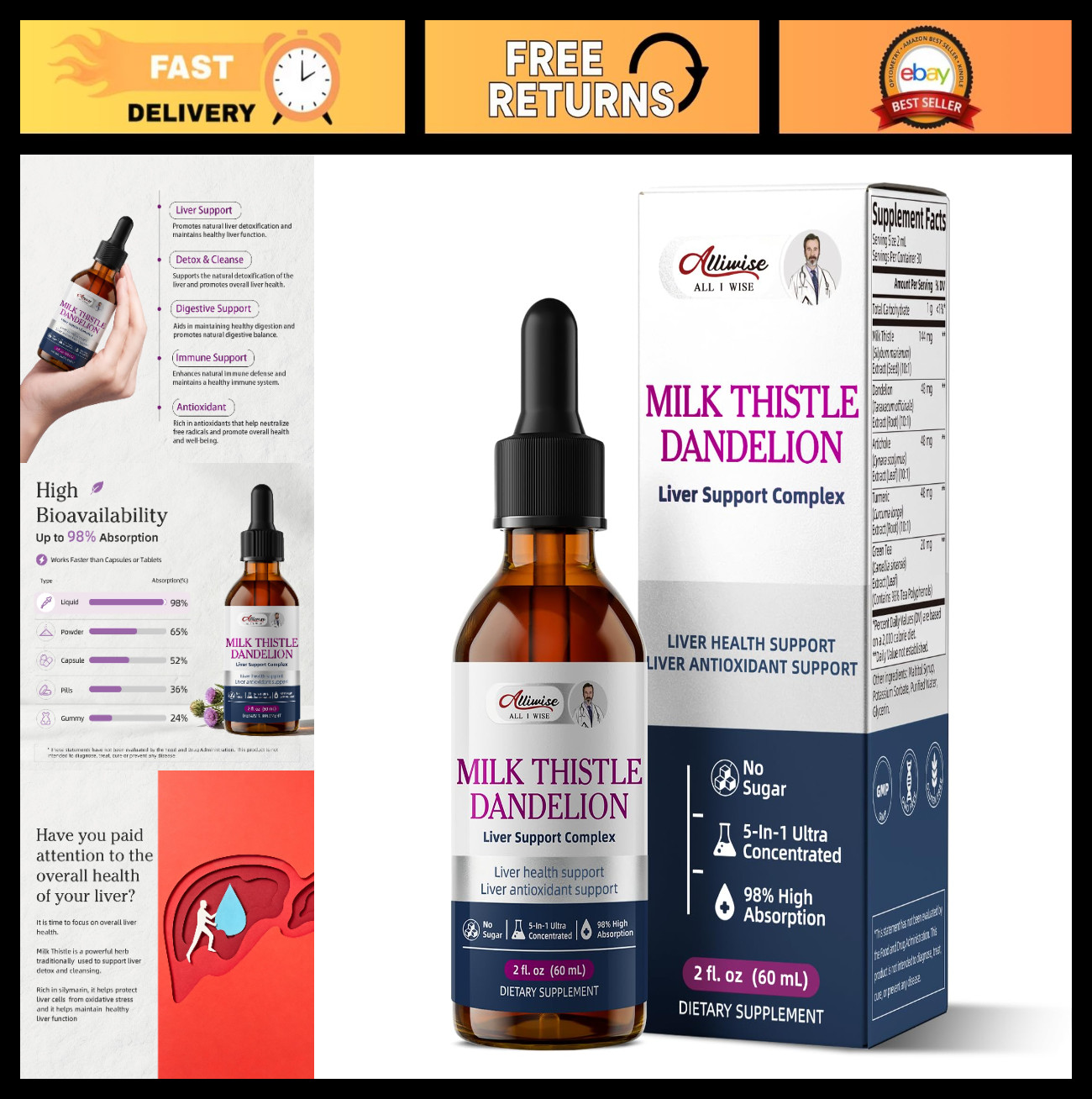 Liver Health Support Drops – Milk Thistle & Dandelion Root Extract, Detox & Clea