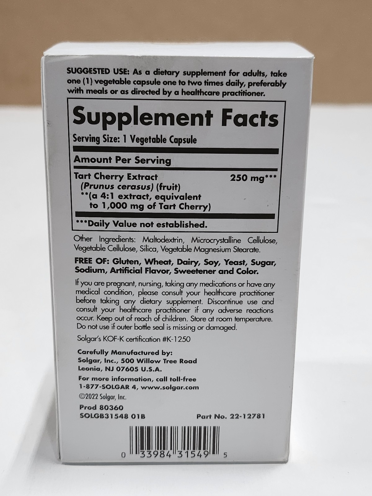 Solgar Tart Cherry 1000 mg 90 Vegetable Capsules–Antioxidant Supplement Exp 3/27