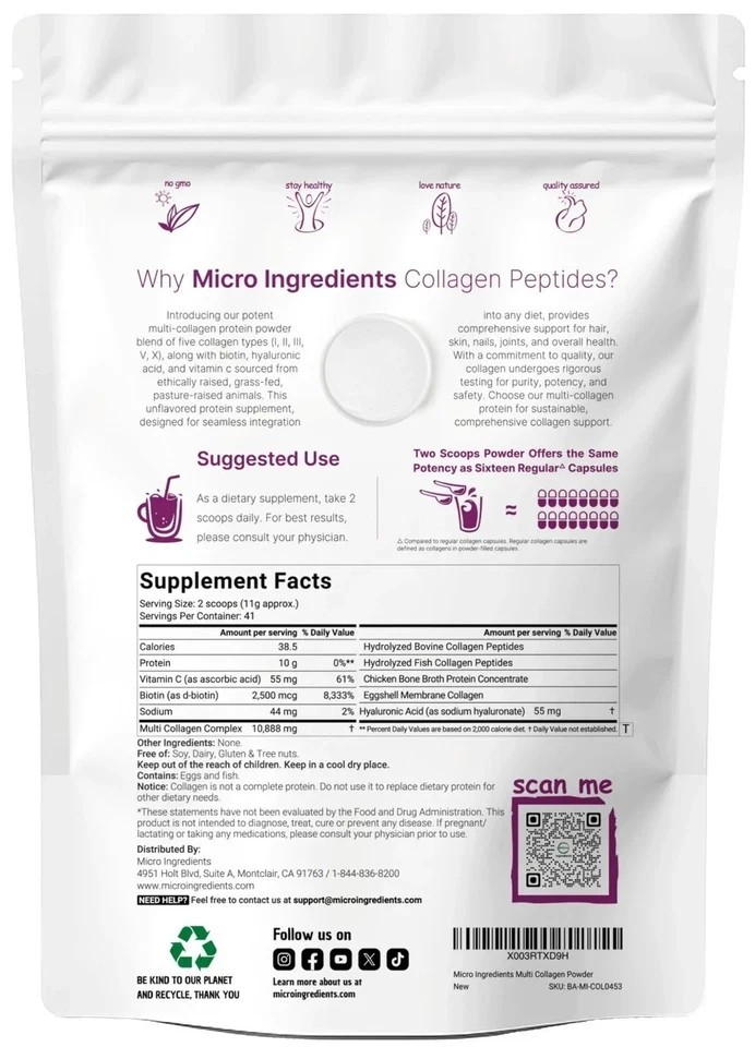 Micro Ingredients Multi Collagen Peptides Powder 16oz – Type I II III V X Unflav