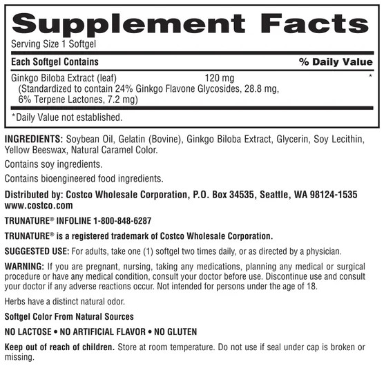 ✳️trunature GINKGO BILOBA 120mg, 340 softgels *** Support Memory *** EXP 05/26✳️
