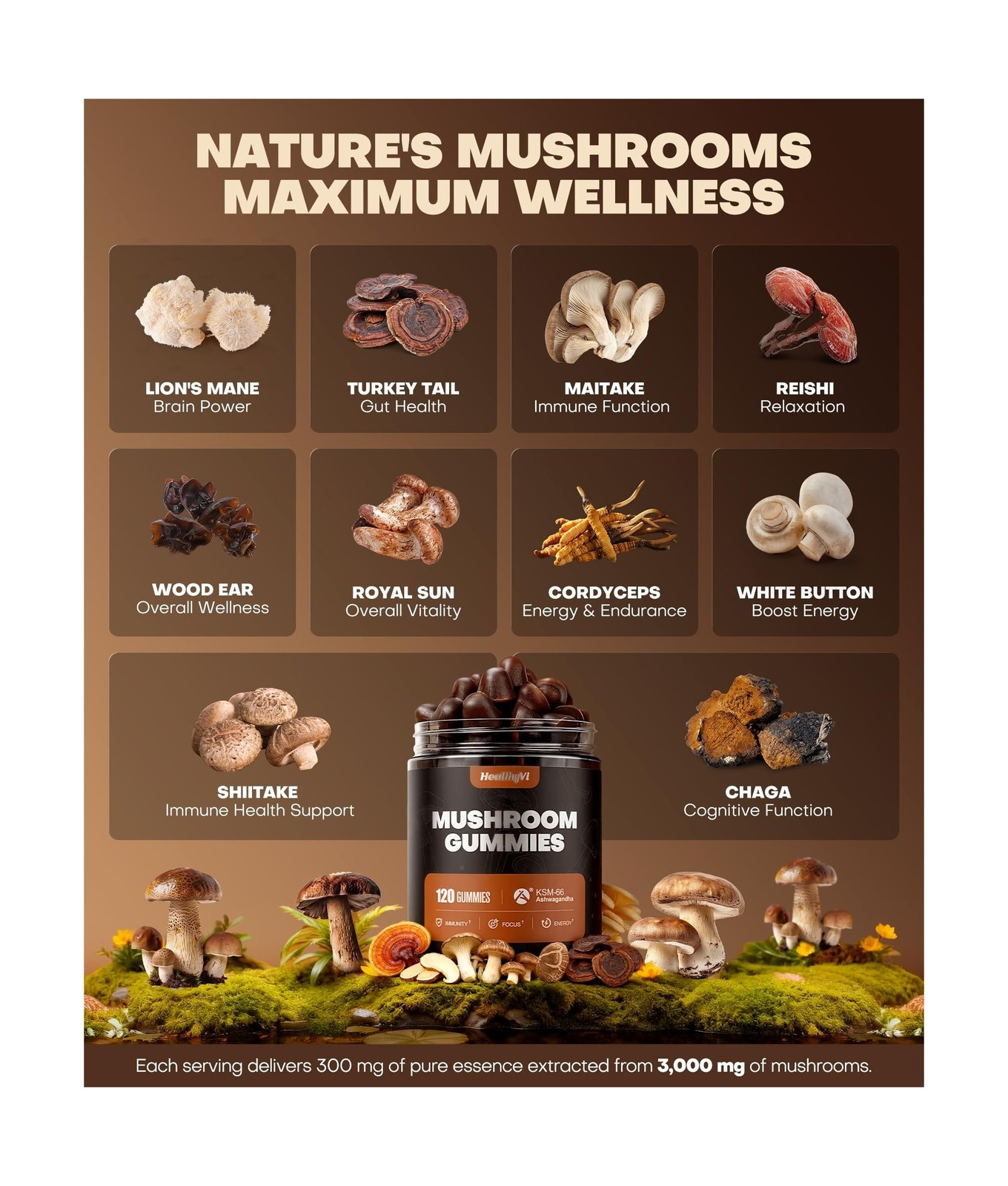 10-In-1 Mushroom Gummies with KSM-66 Ashwagandha & Magnesium Threonate Boosts…