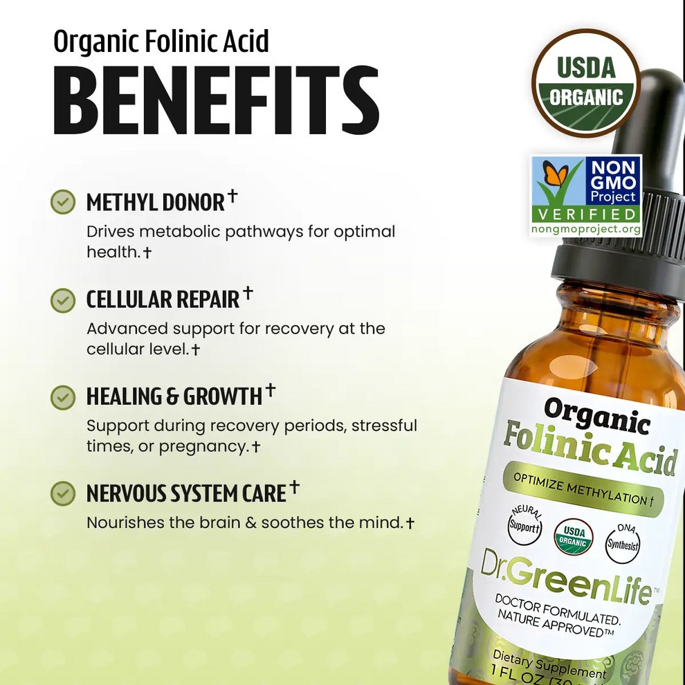 Dr GreenLife USDA Organic Folinic Acid – MTHFR-Friendly Folate 1 FL Oz / 30ml