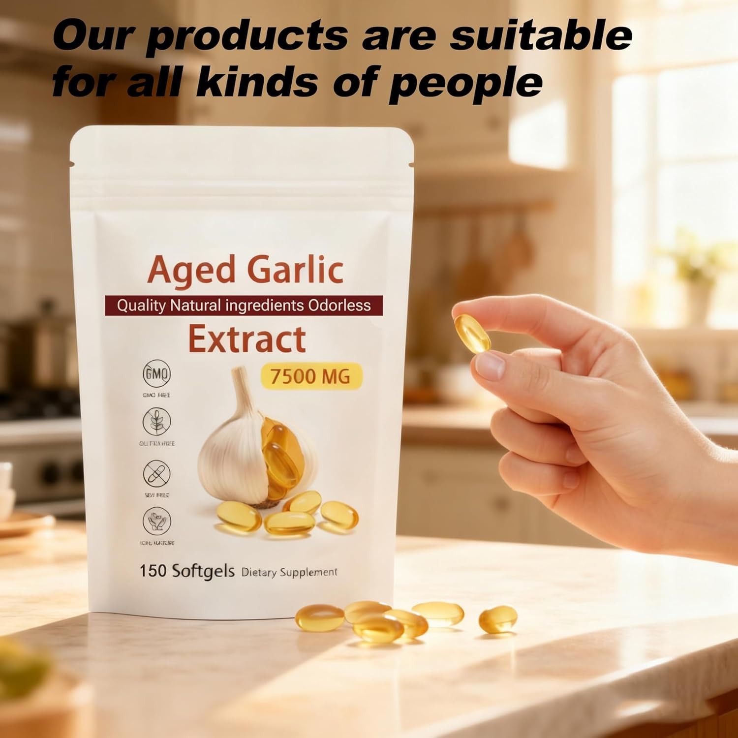 Odorless Garlic 7500mg Per Servings, 150 Softgels | 2 Years Aged Garlic Extract