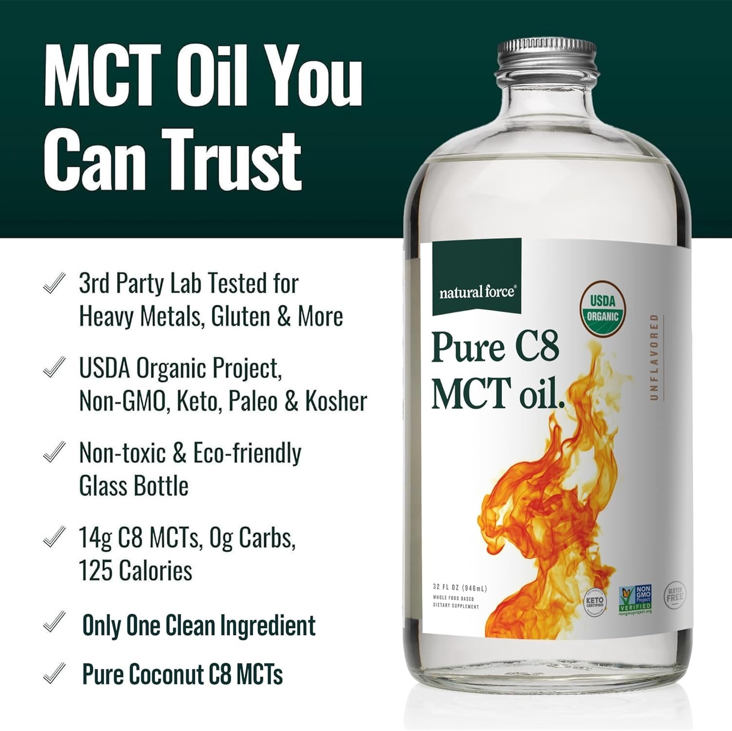 Natural Force Organic Pure C8 MCT Oil – Liquid MCT Oil in Glass Bottle, 16 Ounce