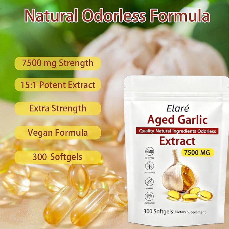 Elare Aged Garlic Extract 300 Softgels, 7500mg Odorless | Heart & Immune US 9Pcs