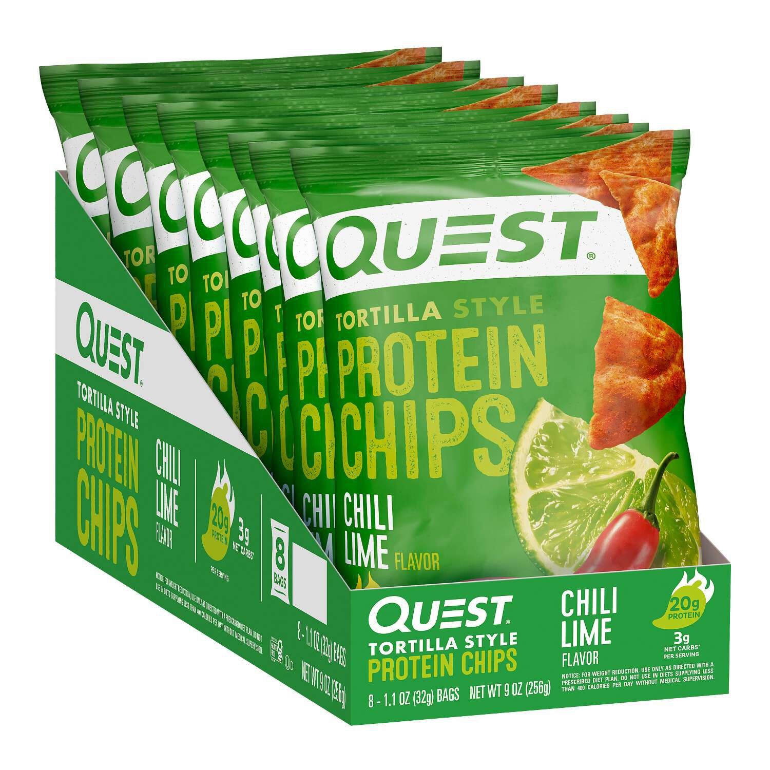 Quest Tortilla Style Protein Chips Delicious Chili Lime Flavor 8 Bags 32g ea NEW