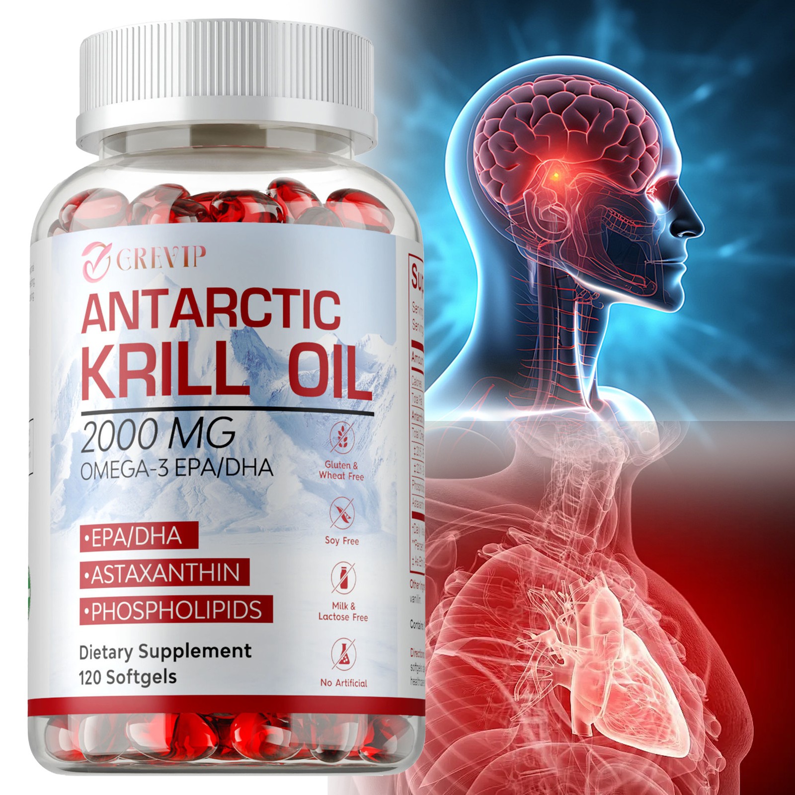 Antarctic Krill Oil 2000mg – Omega 3 EPA, DHA,Astaxanthin- Joints & Heart Health