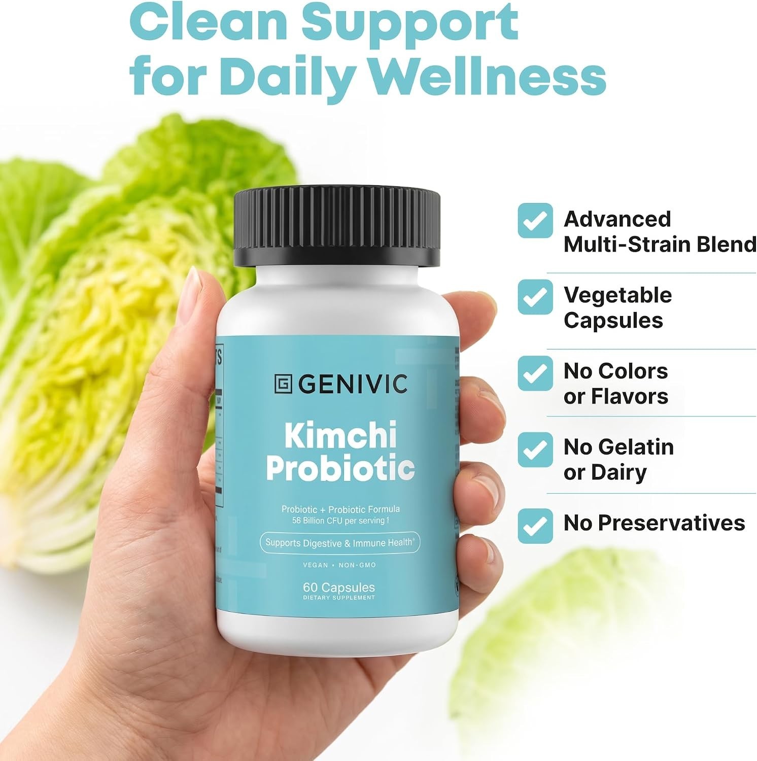 Kimchi Probiotic Capsules Supplement – 50 Billion CFU Blend for Gut Health