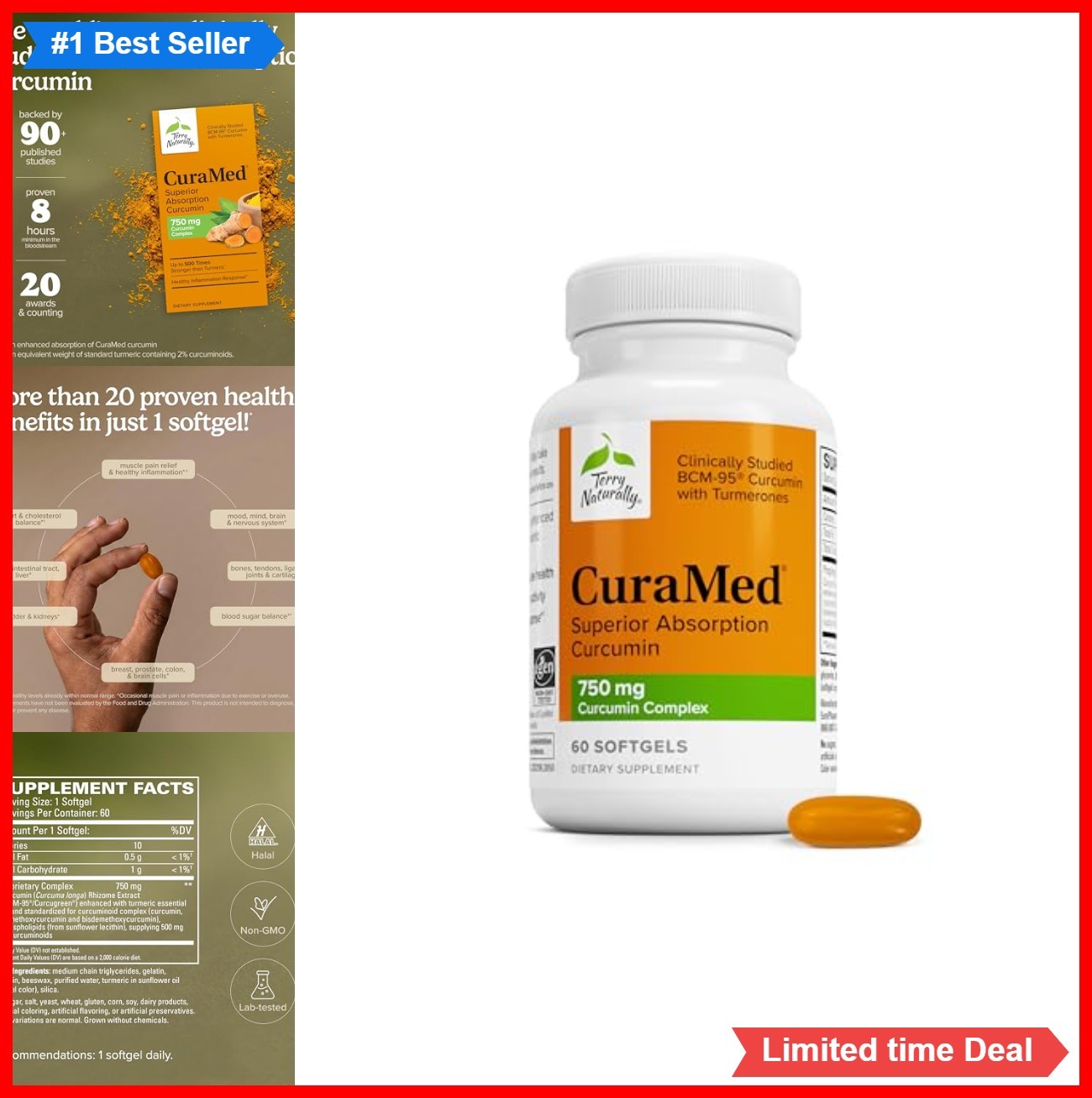 Curcumin 750mg Softgels High Potency BCM-95 Turmeric Extract 60 Count for Brain