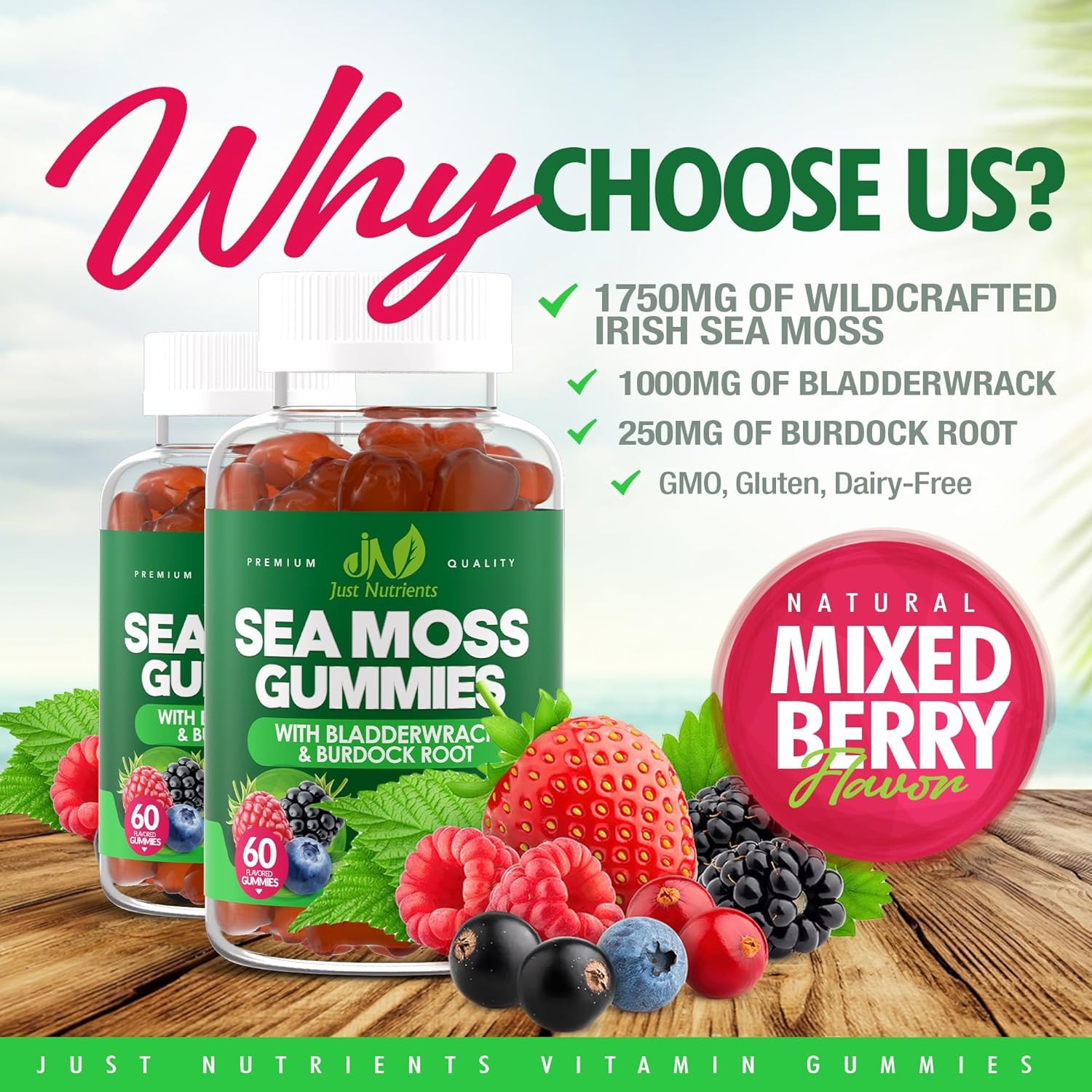 Just Nutrients Sea Moss Gummies 3000mg Vegan Mixed Berry 60 Count