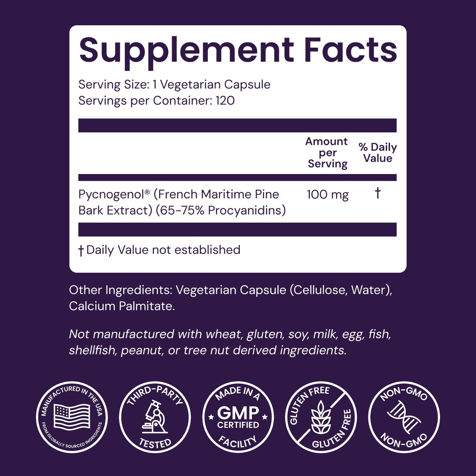 Wellness Origins Pycnogenol 100 mg Super Antioxidant, Non-GMO Gluten Free 120 Ca