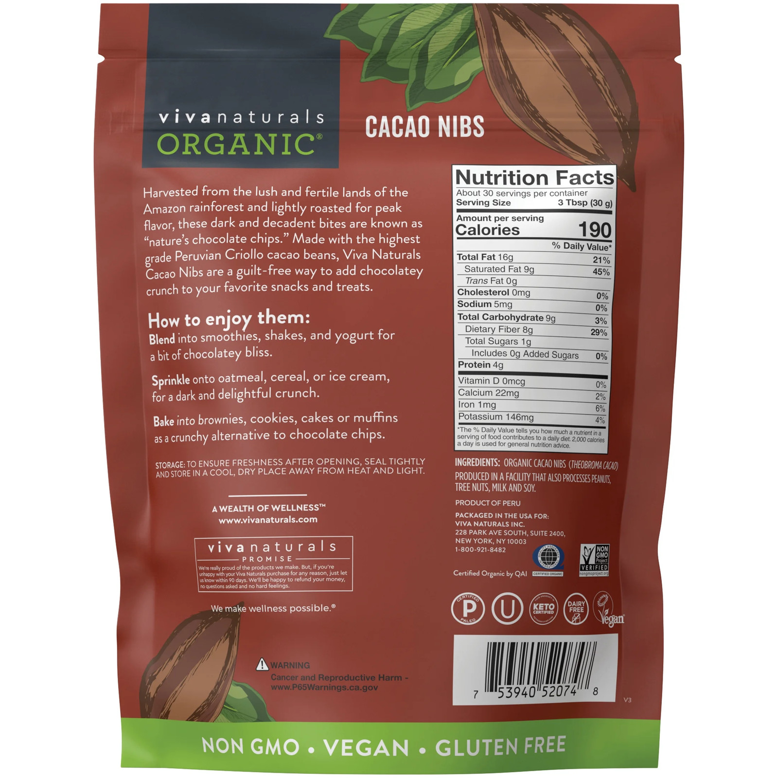 Organic Cacao Nibs 2 Lb (907 G), Keto Friendly, Vegan, Unsweetened