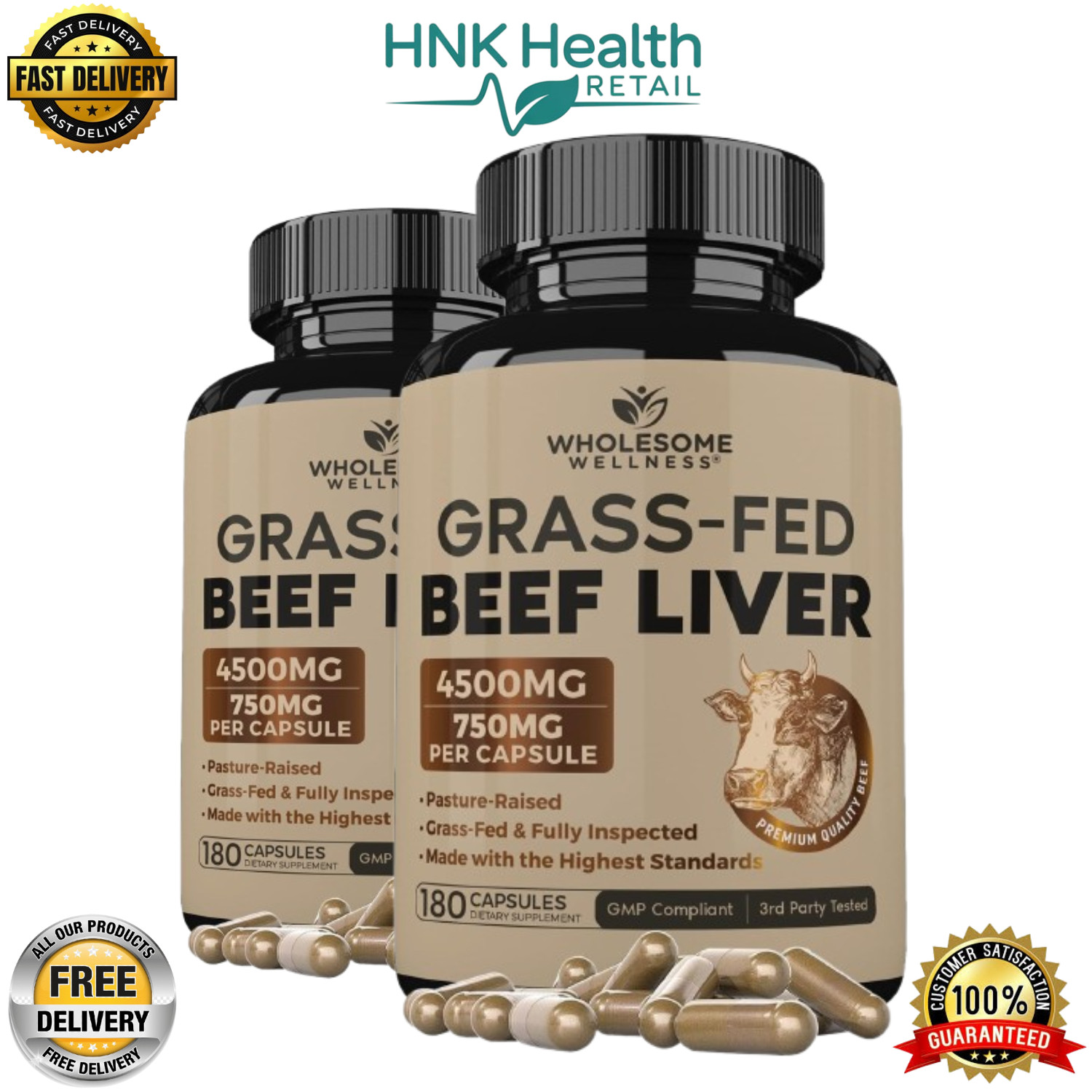Wholesome Wellness Grass-Fed Desiccated Beef Liver – 180 Capsules Each Pack of 2
