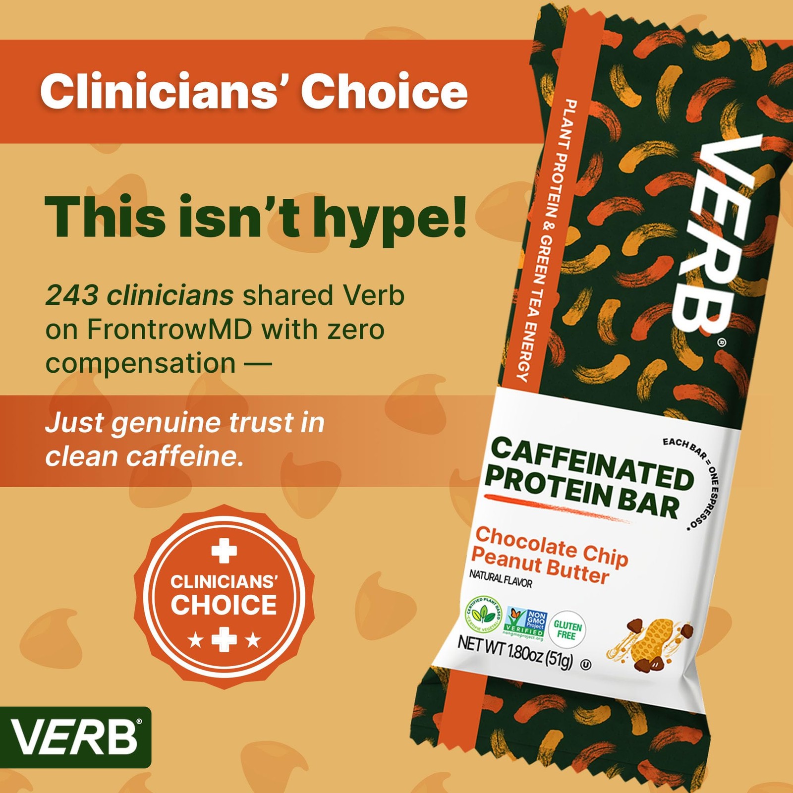 Verb Energy – Caffeinated Protein Bars Chocolate 1 count (Pack of 12), brown