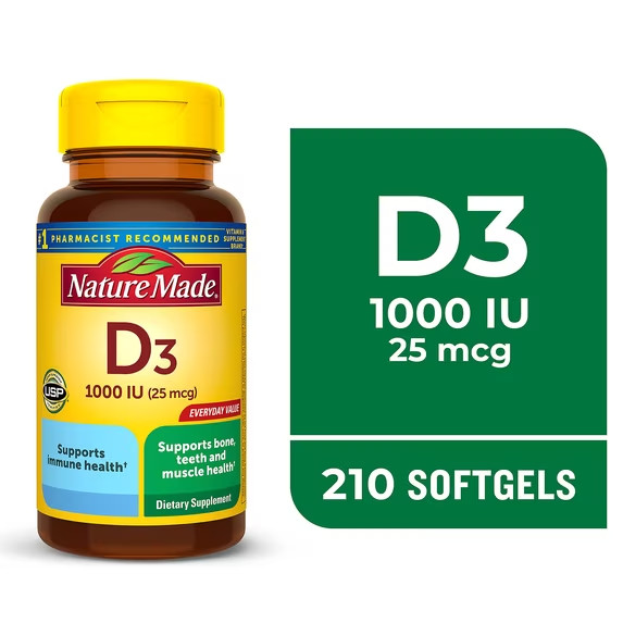 Nature Made Vitamin D3 1000 IU 25 mcg Softgel Dietary Supplement for Immune 210