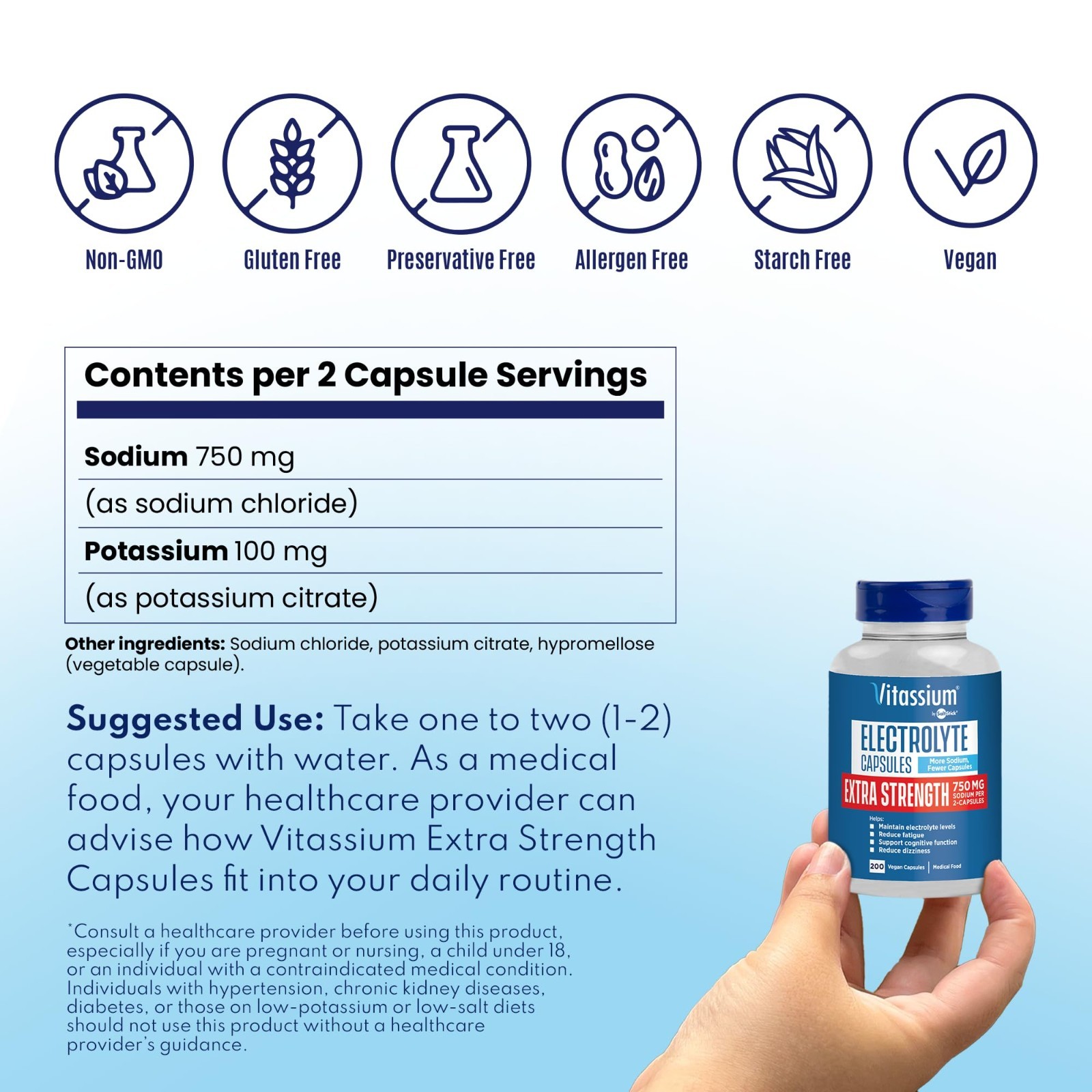 Extra Strength Electrolyte Capsules 750mg Sodium for POTS & High Sodium Diets –