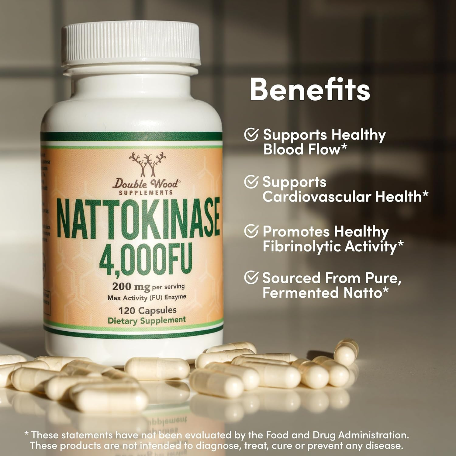Nattokinase Supplement 4,000 FU Servings, 120 Capsules (Derived from Japanese Na