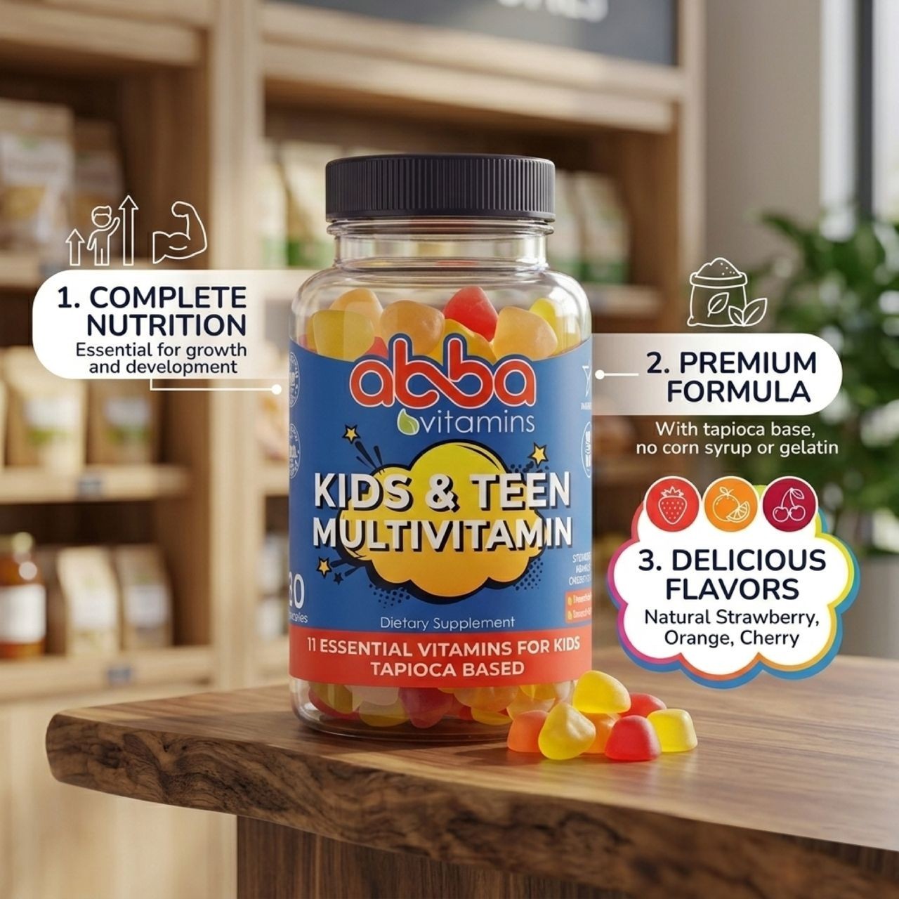 Kids & Teen Multivitamin Gummy Natural Falvors & color Vit: A C D E B6 B5 Zinc