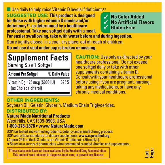 Nature Made Extra Strength Vitamin D3 5000 IU (125 mcg) Softgels ,100 counts
