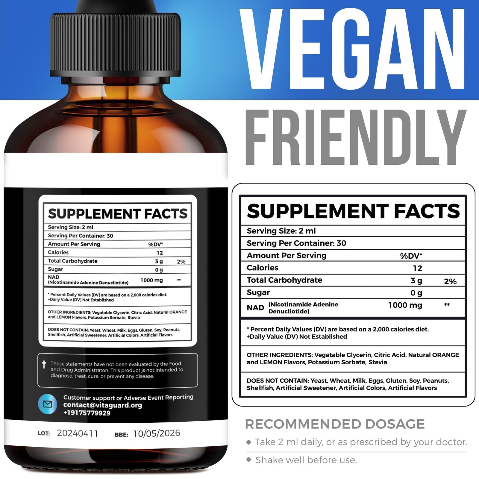Vita Guard Pure NAD+ Supplements 1000mg Liquid Drops for 2 Fl Oz (Pack of 1)
