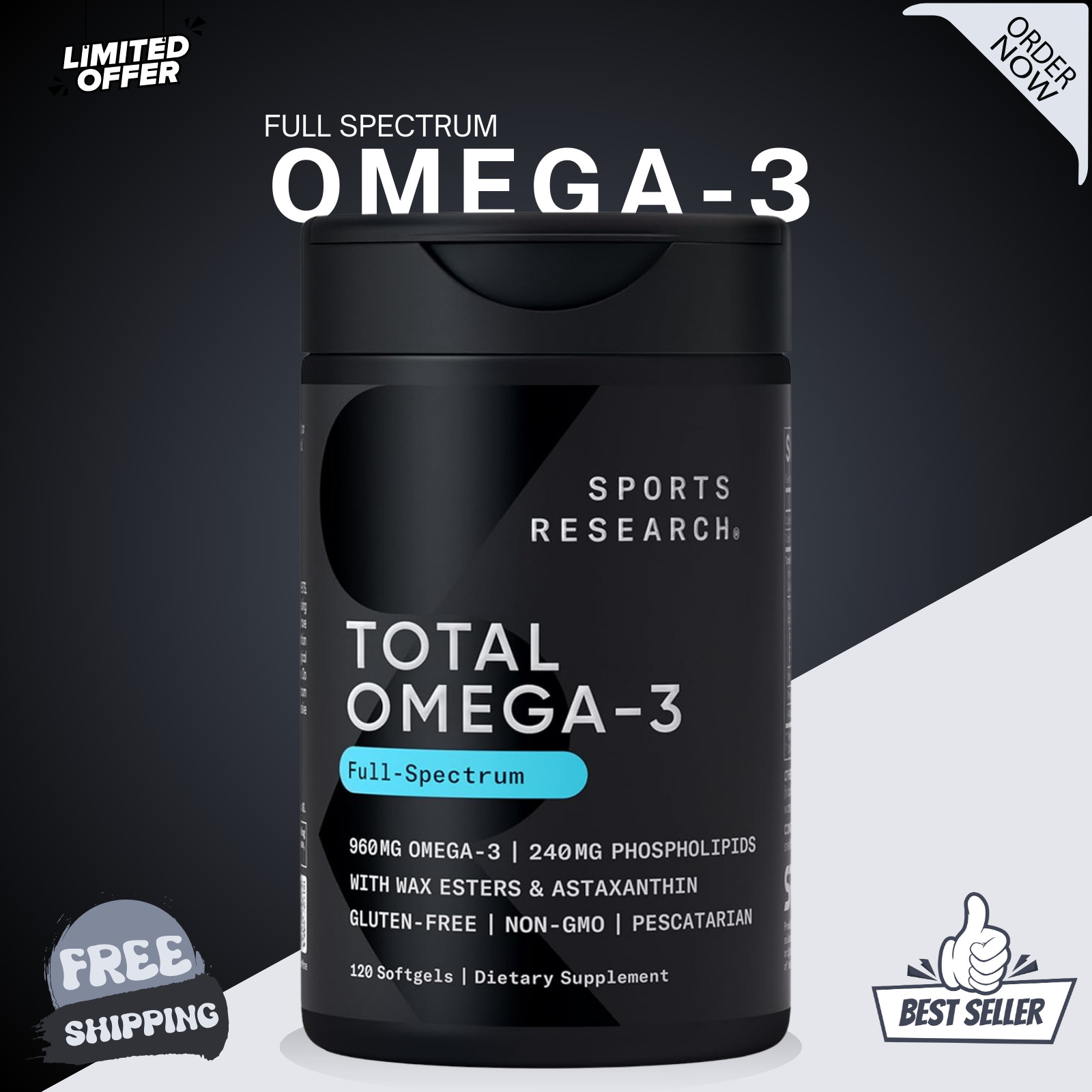 Sports Research Omega-3 Fish Oil 2200mg 120 Softgels EPA DHA Krill Blend